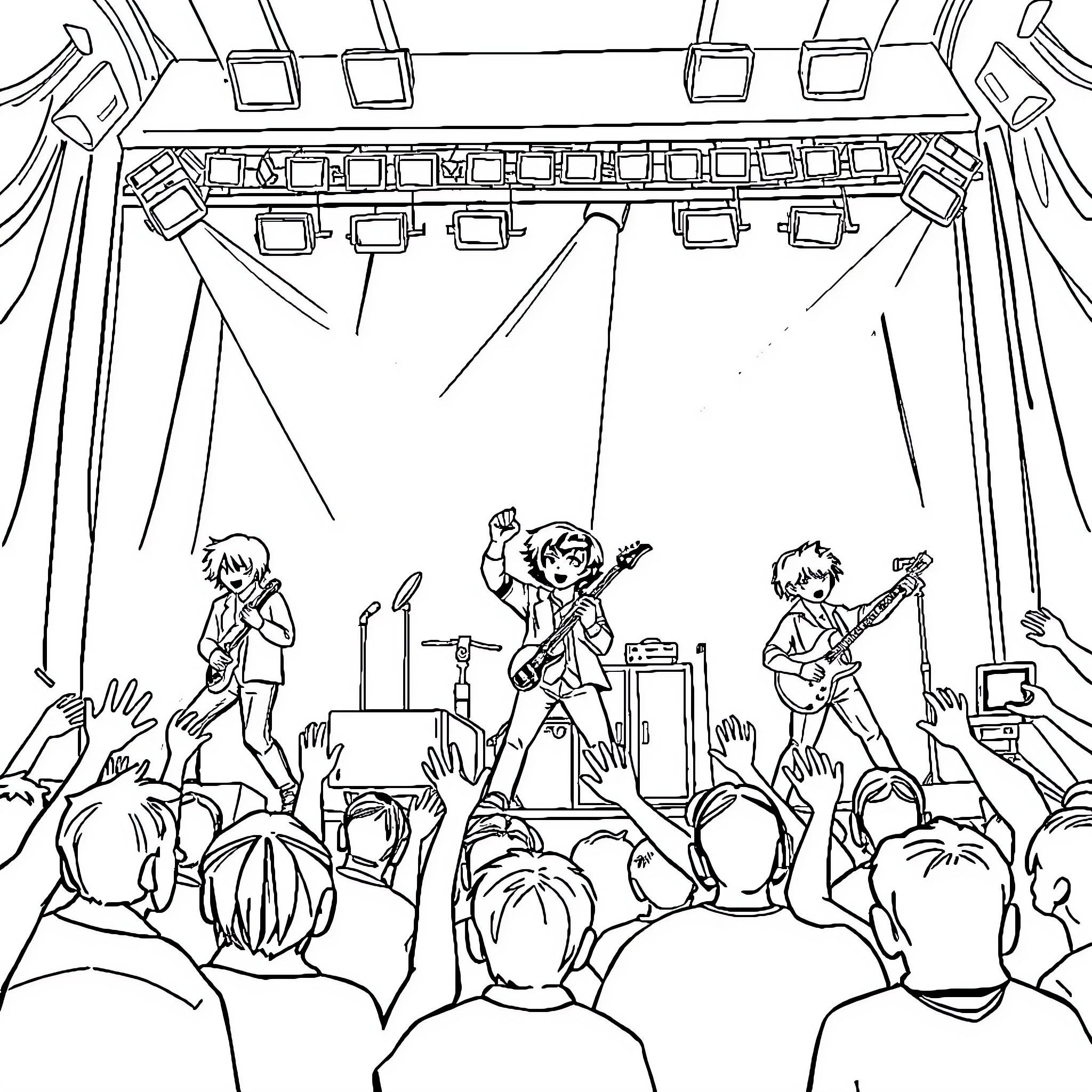 Stray Kids rocking the stage with their energetic performance Coloring Page (free black-and-white line drawing printable PDF for all, from beginners to advanced learners, including children, teens, adults, and seniors)