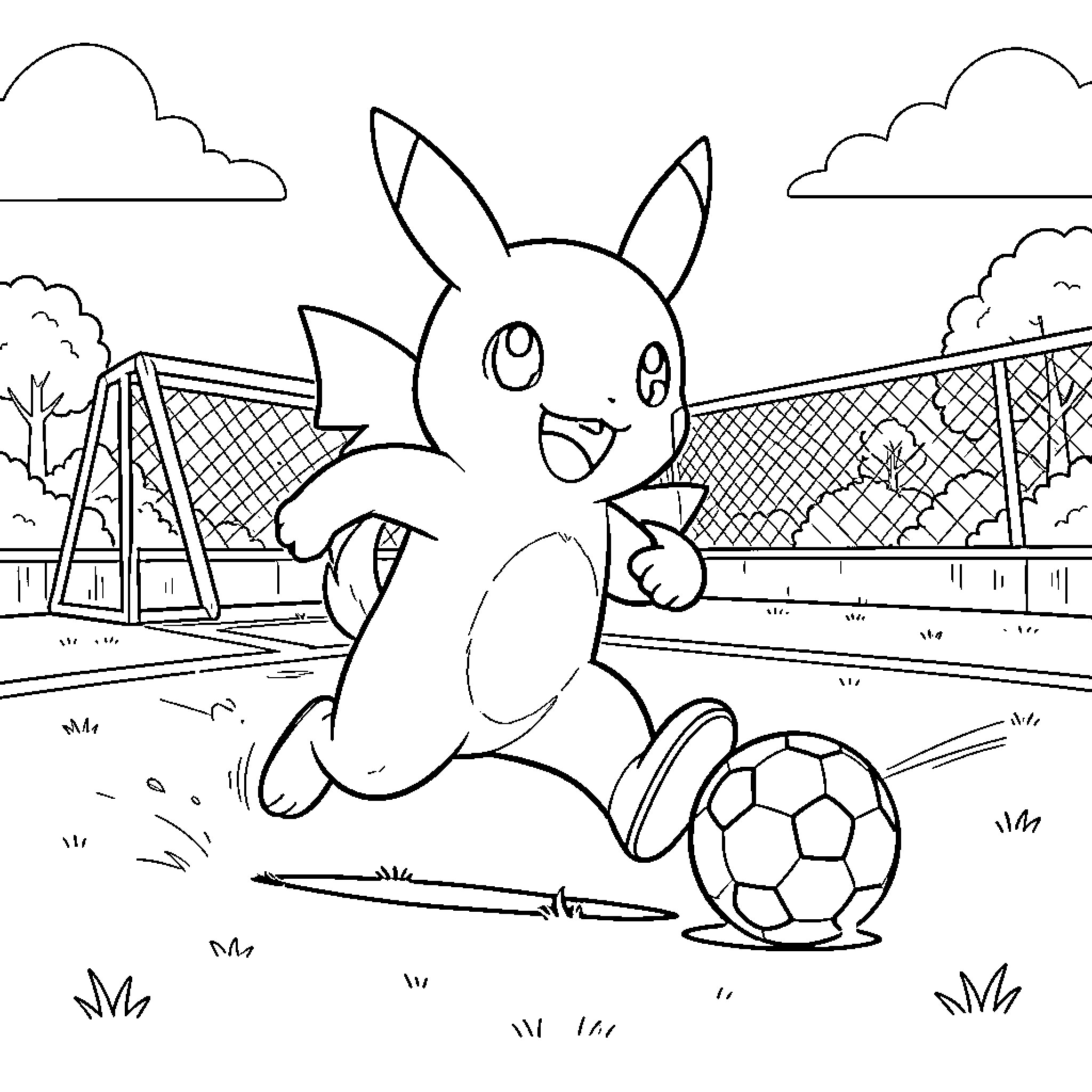 Pokémon playing soccer energetically in an outdoor park Coloring Page (free black-and-white line drawing printable PDF for all, from beginners to advanced learners, including children, teens, adults, and seniors)