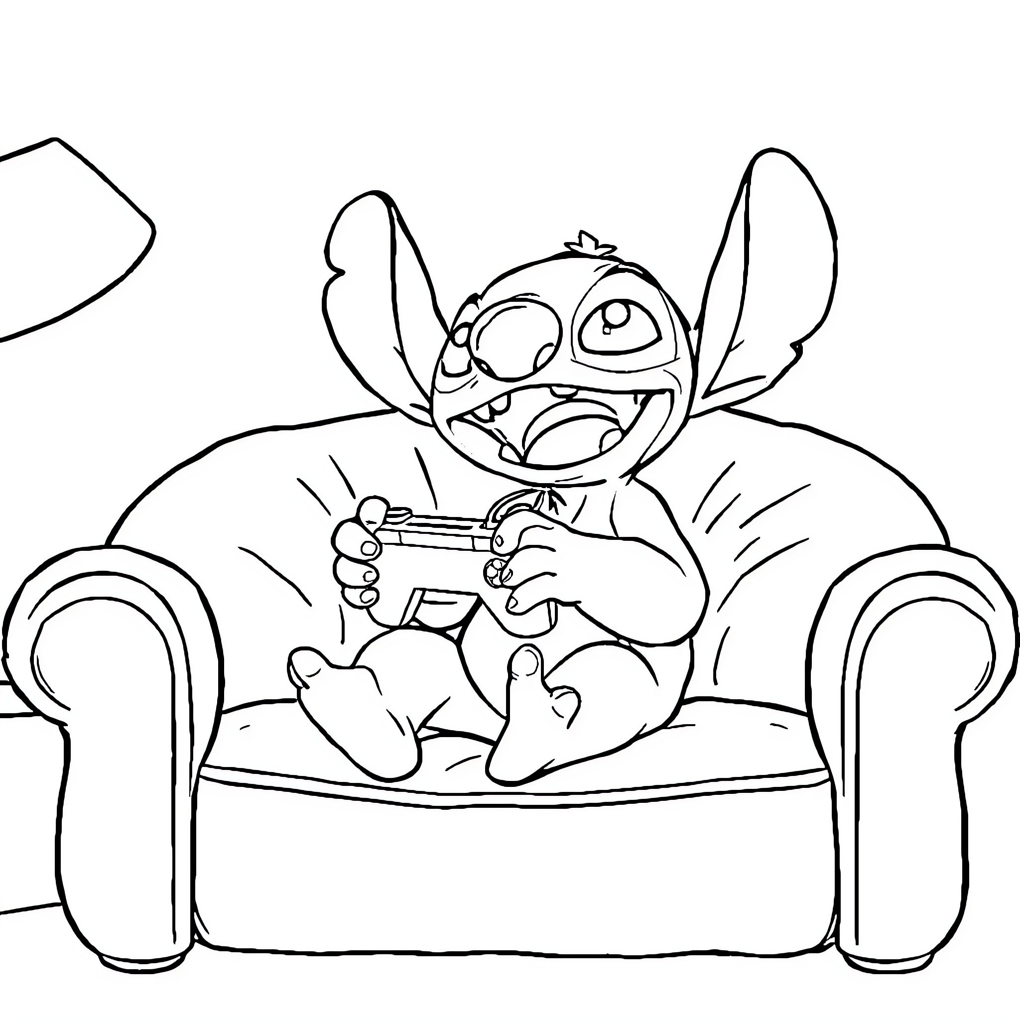 Stitch relaxing on a cozy armchair Coloring Page (free black-and-white line drawing printable PDF for all, from beginners to advanced learners, including children, teens, adults, and seniors)