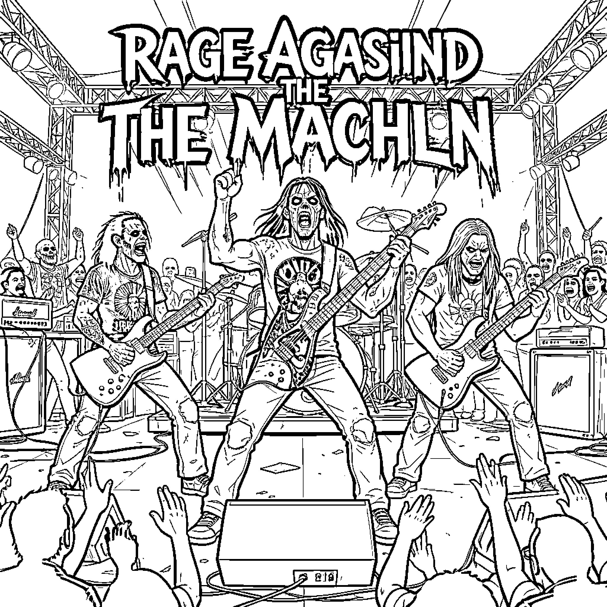 Rage Against the Machlen: Heavy Metal Band on Stage Coloring Page (free black-and-white line drawing printable PDF for all, from beginners to advanced learners, including children, teens, adults, and seniors)