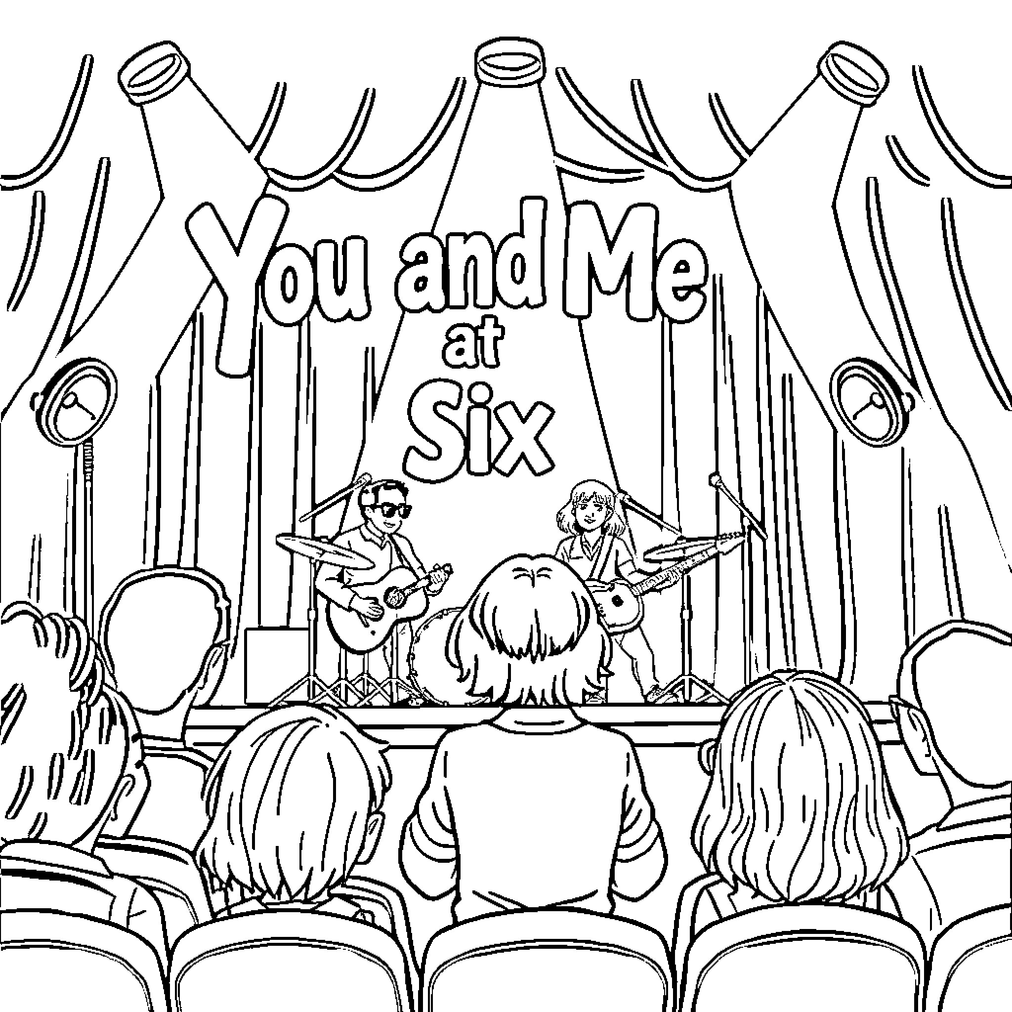 You and Me at Six: Musicians Performing on Stage Coloring Page (free black-and-white line drawing printable PDF for all, from beginners to advanced learners, including children, teens, adults, and seniors)