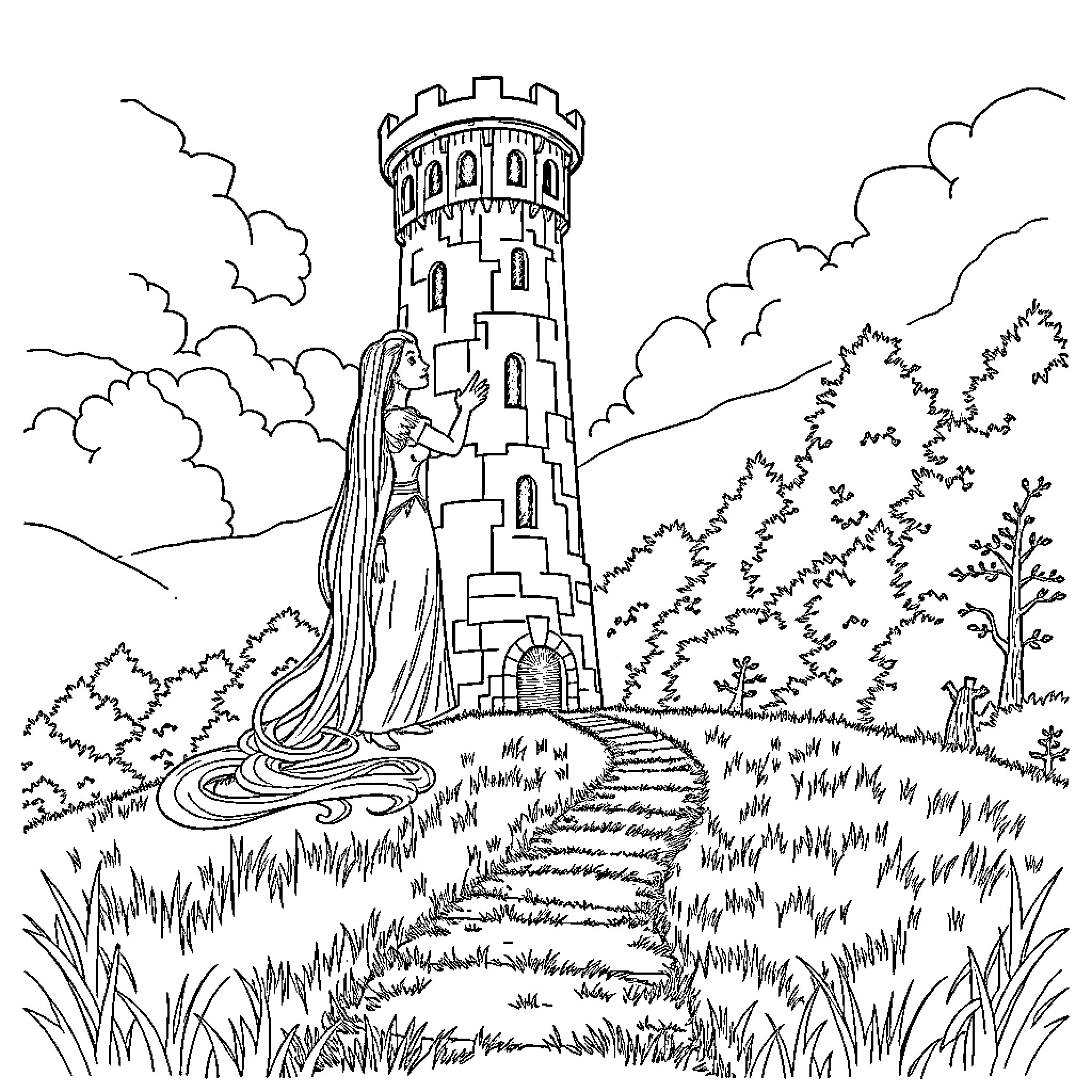 Rapunzel waiting atop the tower with lush foliage Coloring Page (free black-and-white line drawing printable PDF for all, from beginners to advanced learners, including children, teens, adults, and seniors)