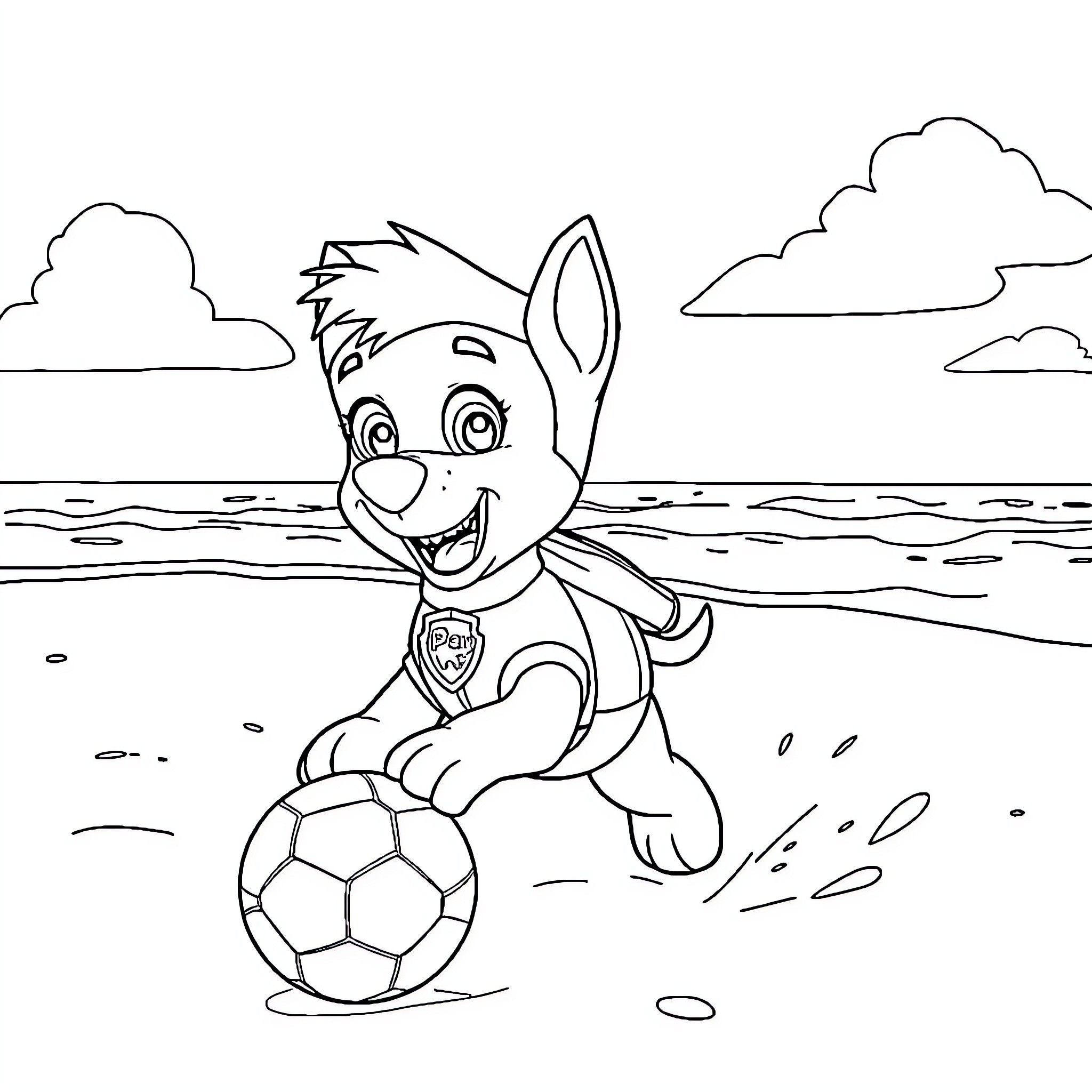 Markus the puppy playing with a soccer ball on the beach Coloring Page (free black-and-white line drawing printable PDF for all, from beginners to advanced learners, including children, teens, adults, and seniors)