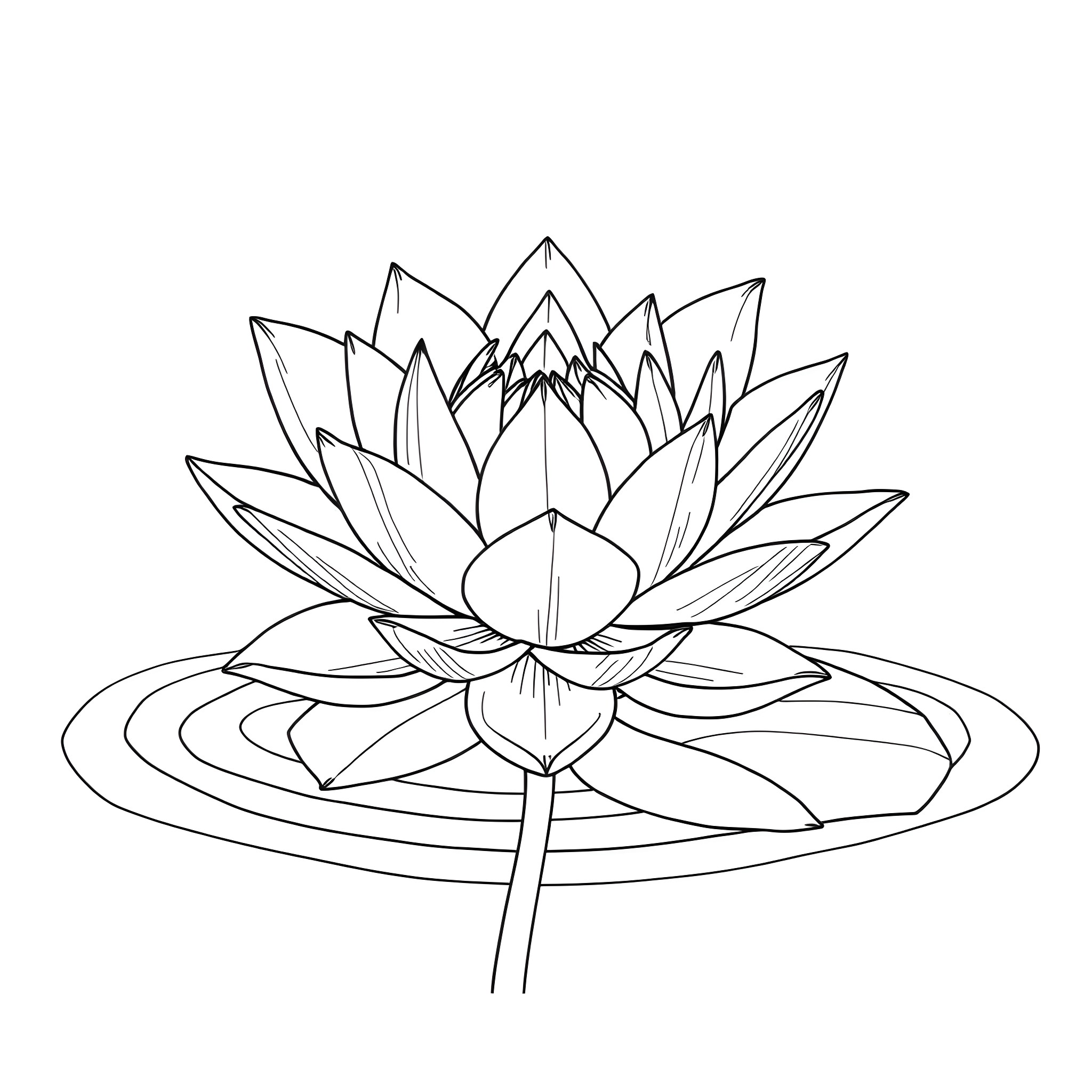 Water Lily Floating on Tranquil Pond Coloring Page (free black-and-white line drawing printable PDF for all, from beginners to advanced learners, including children, teens, adults, and seniors)