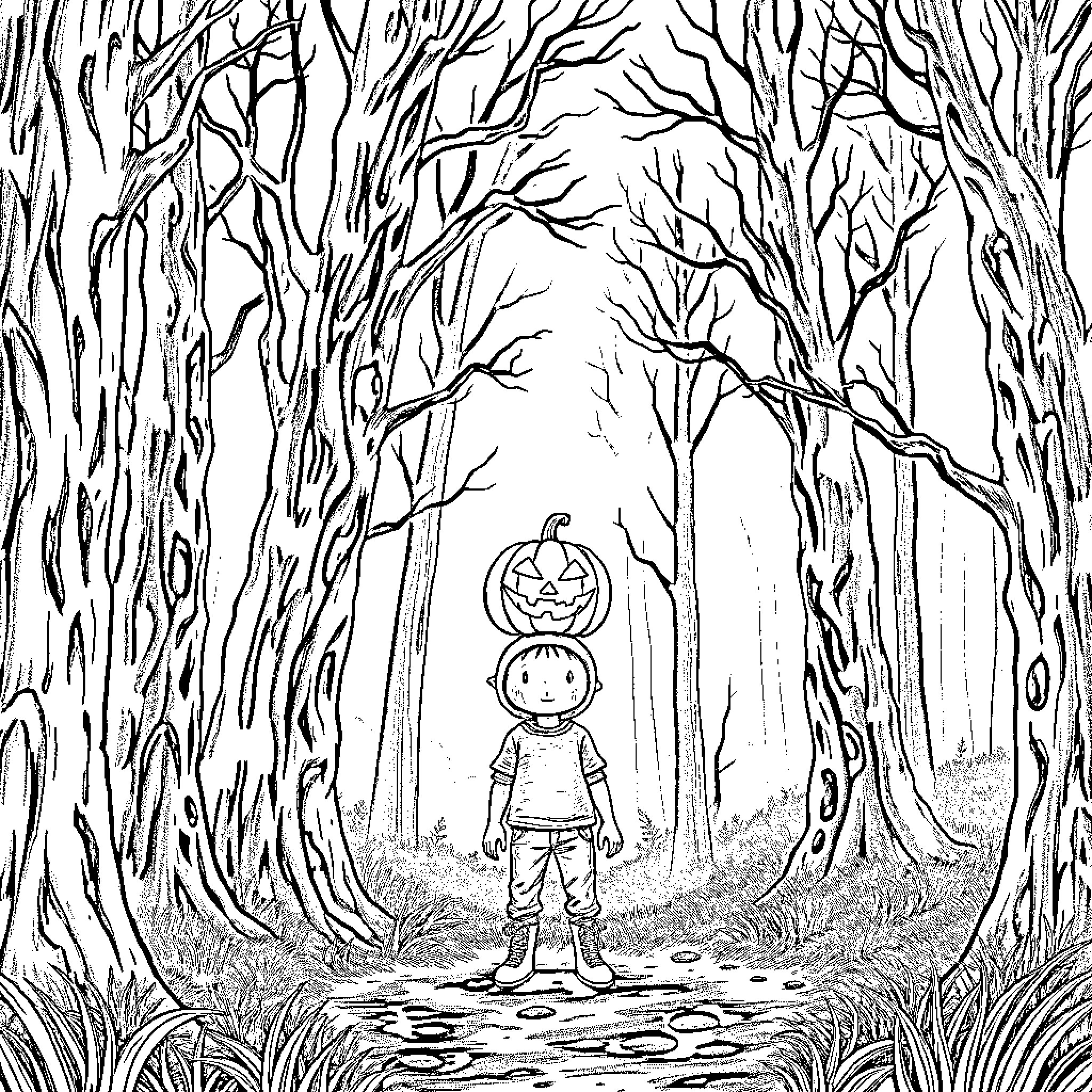Boy exploring spooky forest with pumpkin hat Coloring Page (free black-and-white line drawing printable PDF for all, from beginners to advanced learners, including children, teens, adults, and seniors)