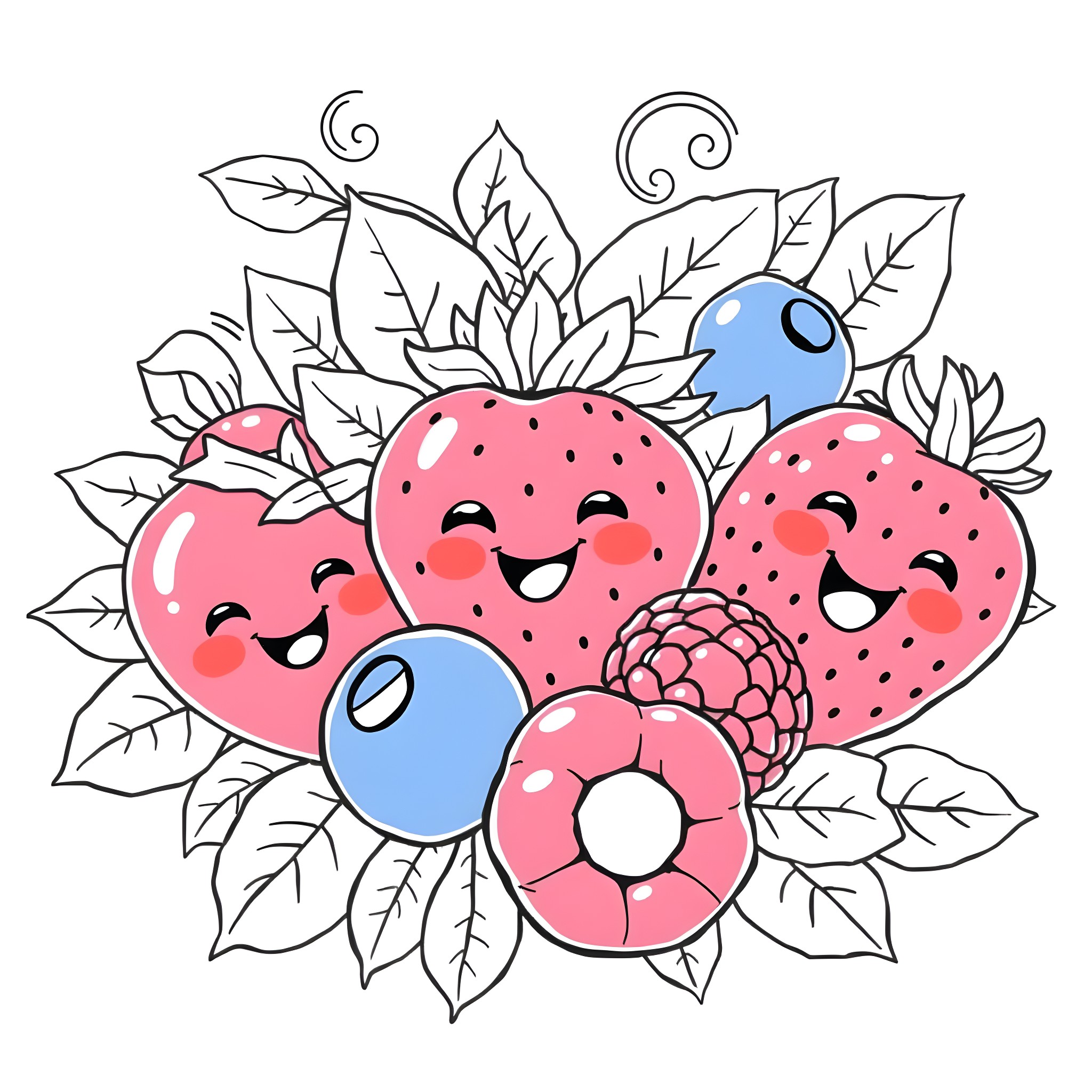Berry Bunch with Cheerful Flowers and Leaves Coloring Page (free black-and-white line drawing printable PDF for all, from beginners to advanced learners, including children, teens, adults, and seniors)
