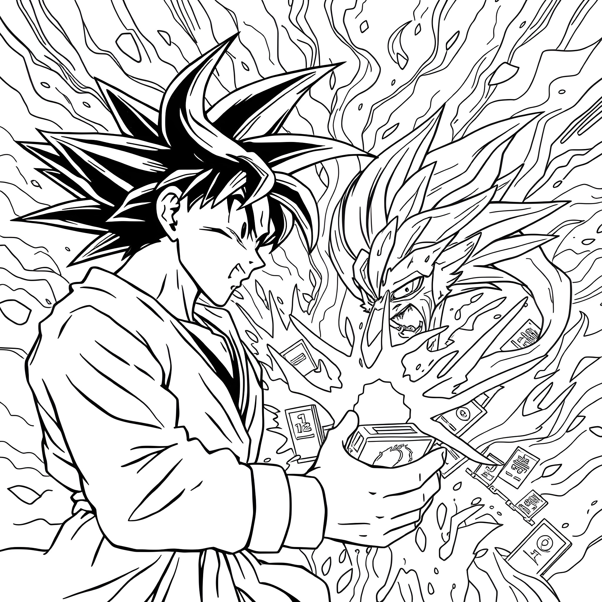 Yugioh characters in an intense battle scene Coloring Page (free black-and-white line drawing printable PDF for all, from beginners to advanced learners, including children, teens, adults, and seniors)