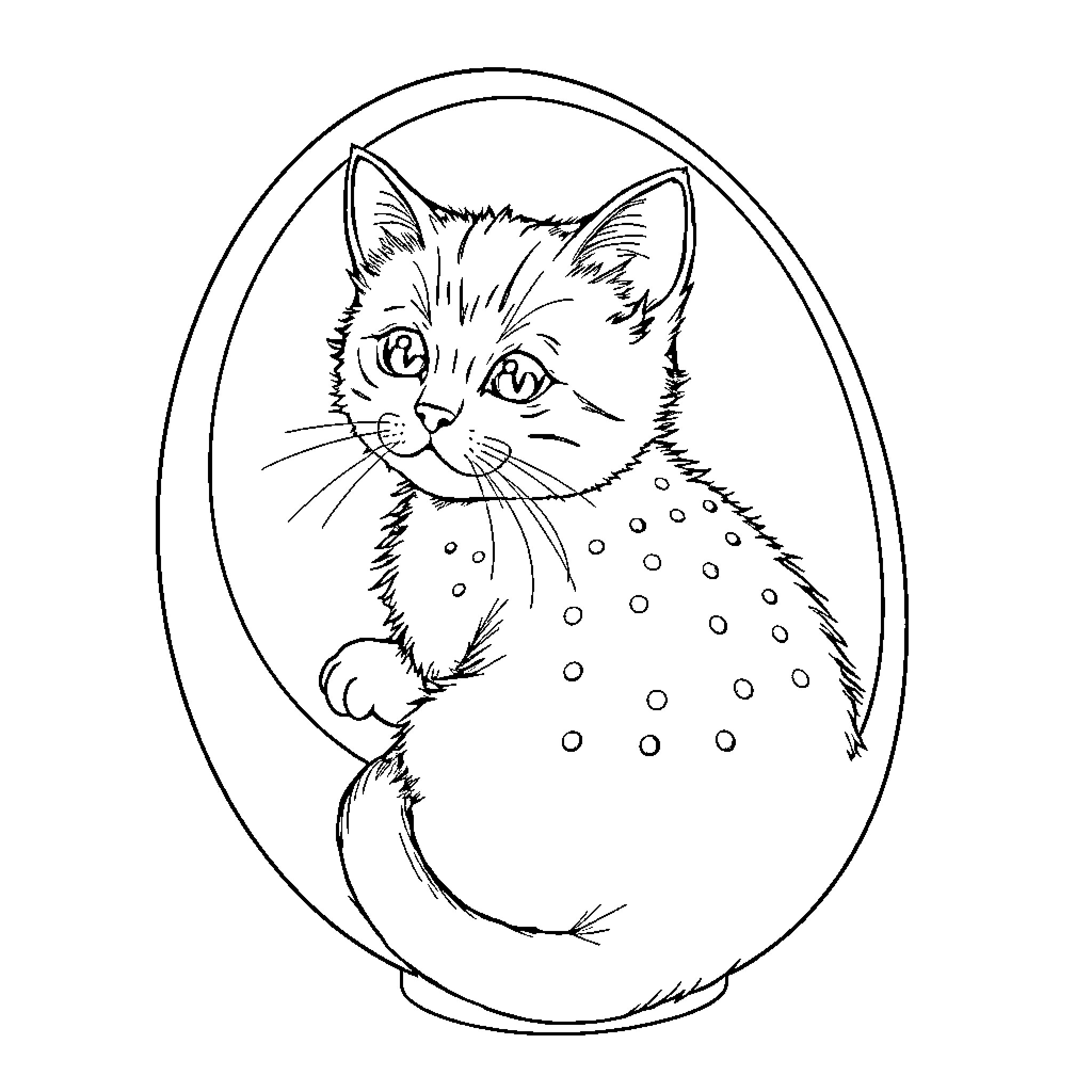 Cat in a Spotted Frame Coloring Page (free black-and-white line drawing printable PDF for all, from beginners to advanced learners, including children, teens, adults, and seniors)