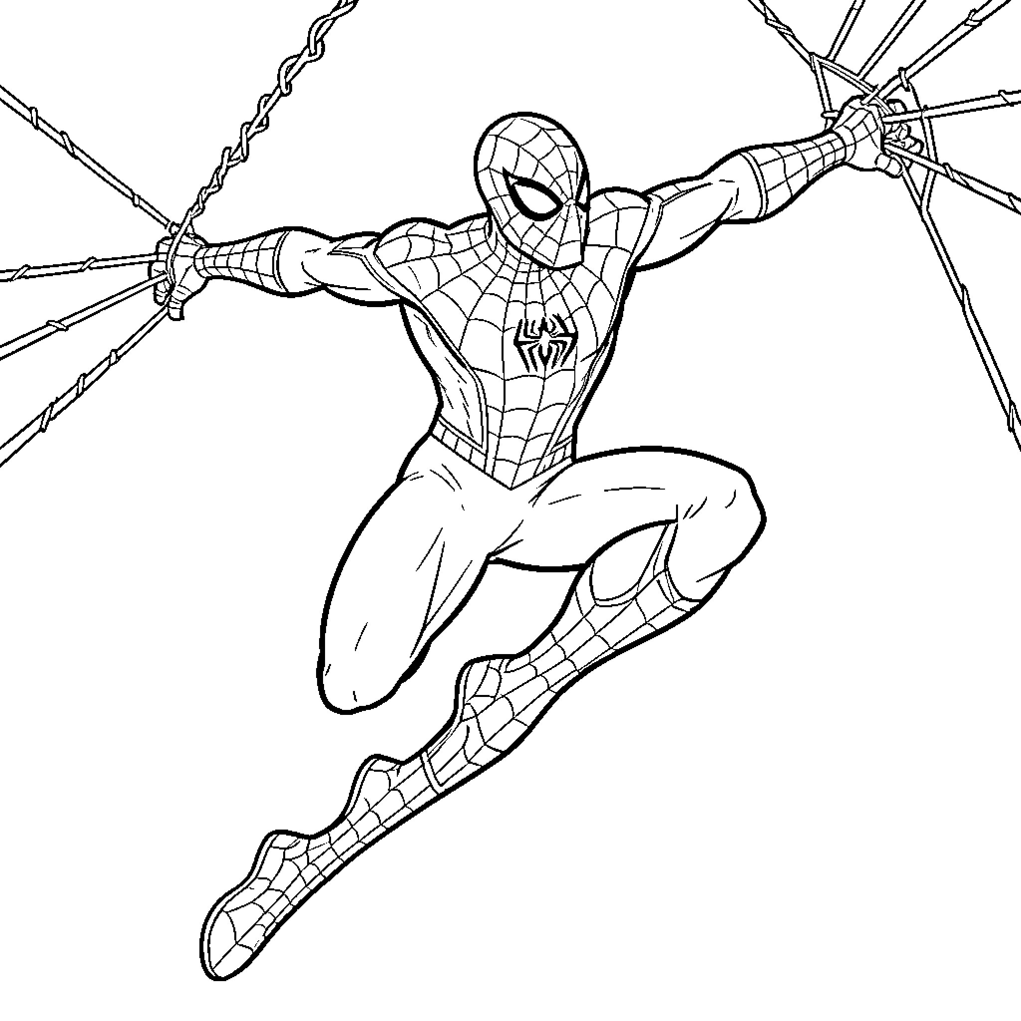 Spiderman swinging through the air using web lines Coloring Page (free black-and-white line drawing printable PDF for all, from beginners to advanced learners, including children, teens, adults, and seniors)