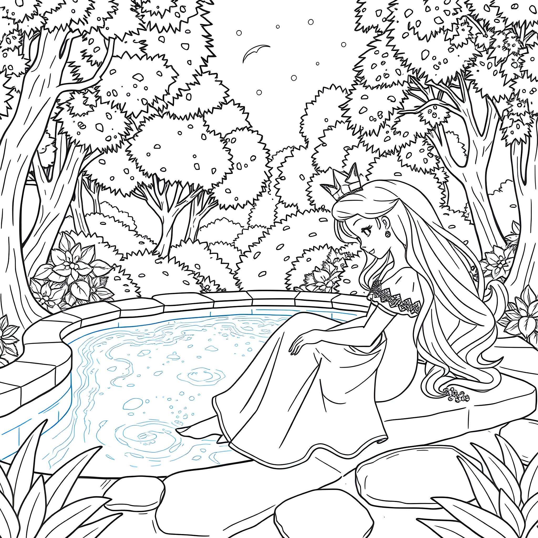 Princess in a Magical Forest Landscape Coloring Page (free black-and-white line drawing printable PDF for all, from beginners to advanced learners, including children, teens, adults, and seniors)