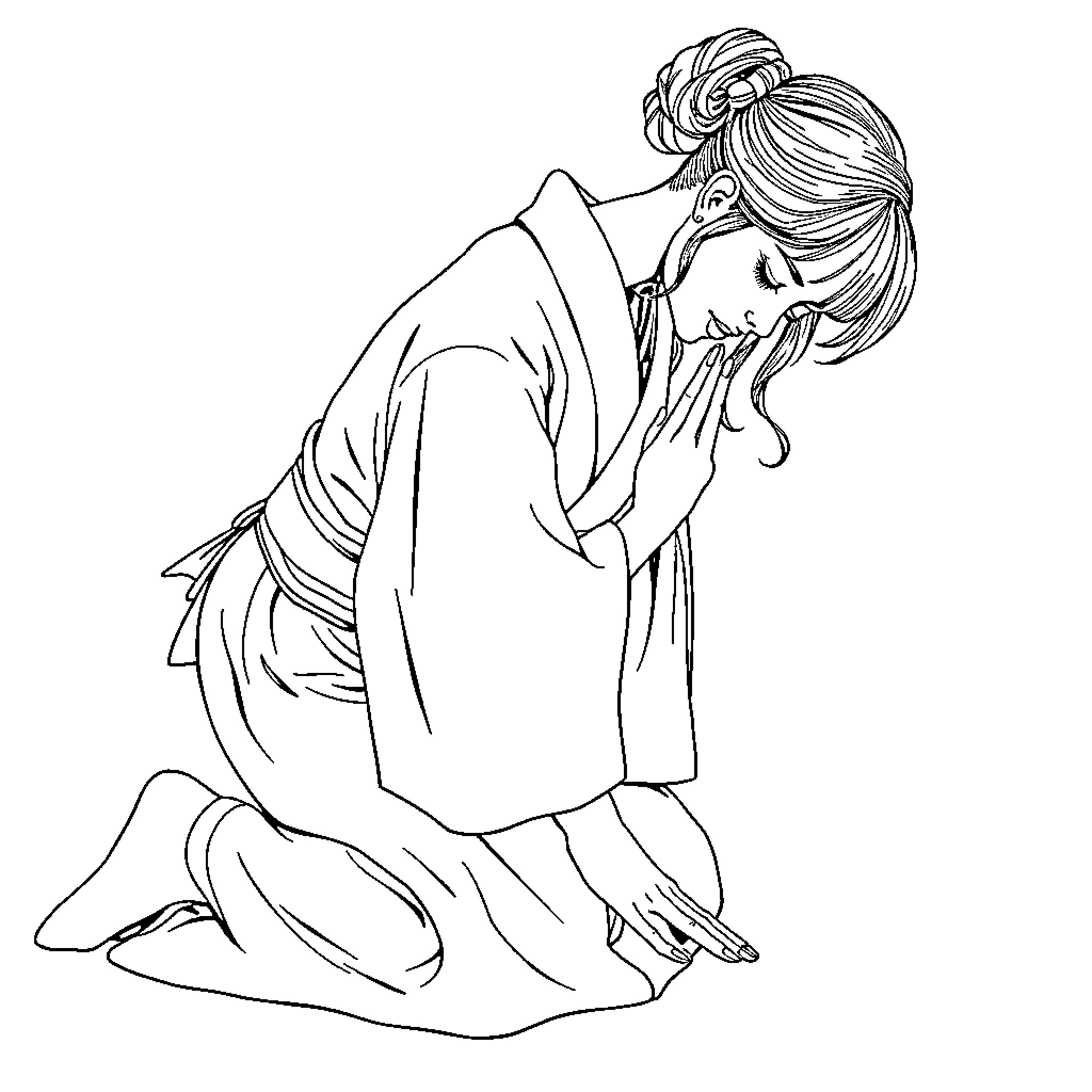 Woman in traditional Japanese robe kneeling contemplatively Coloring Page (free black-and-white line drawing printable PDF for all, from beginners to advanced learners, including children, teens, adults, and seniors)