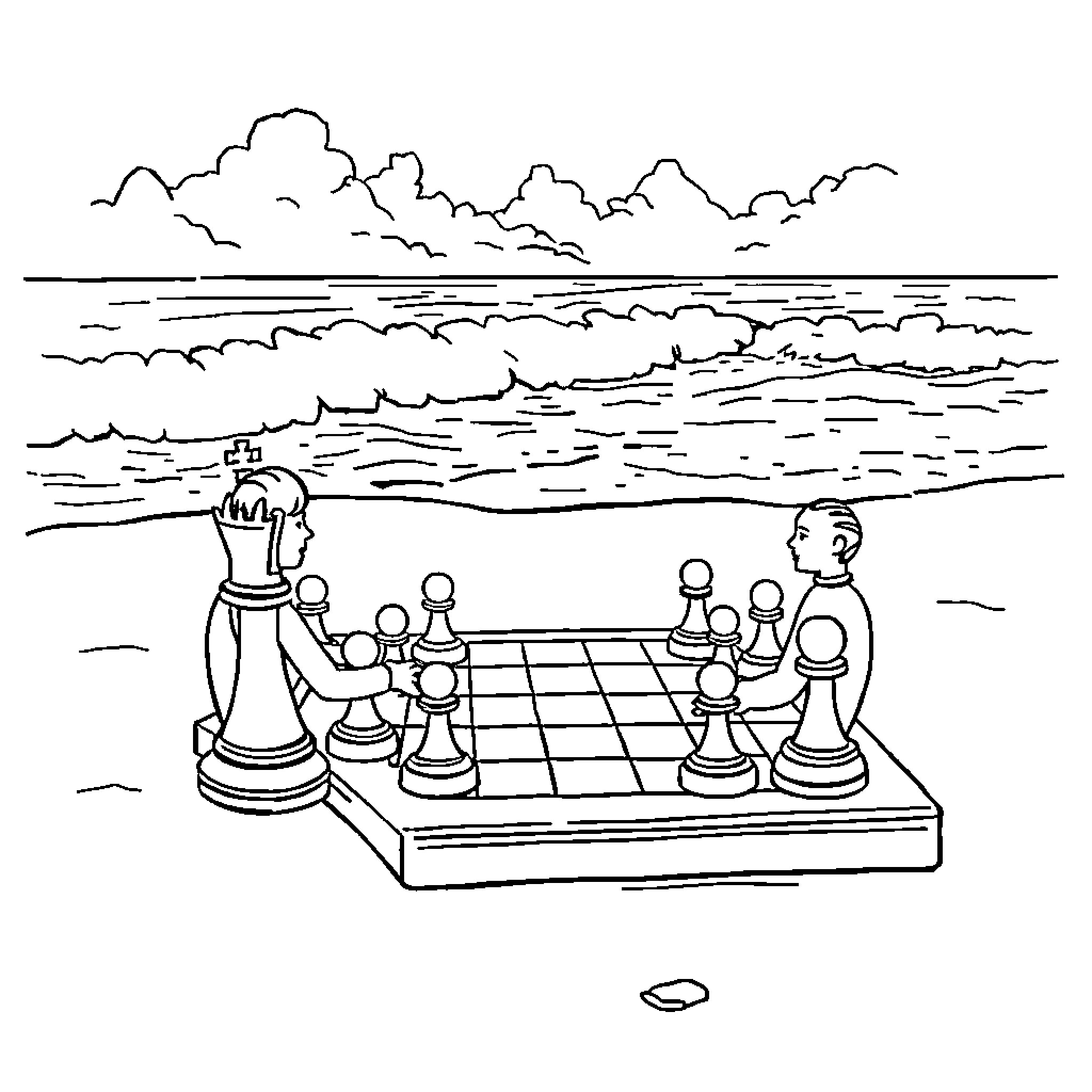 Chess game by the lake with scenic backdrop Coloring Page (free black-and-white line drawing printable PDF for all, from beginners to advanced learners, including children, teens, adults, and seniors)