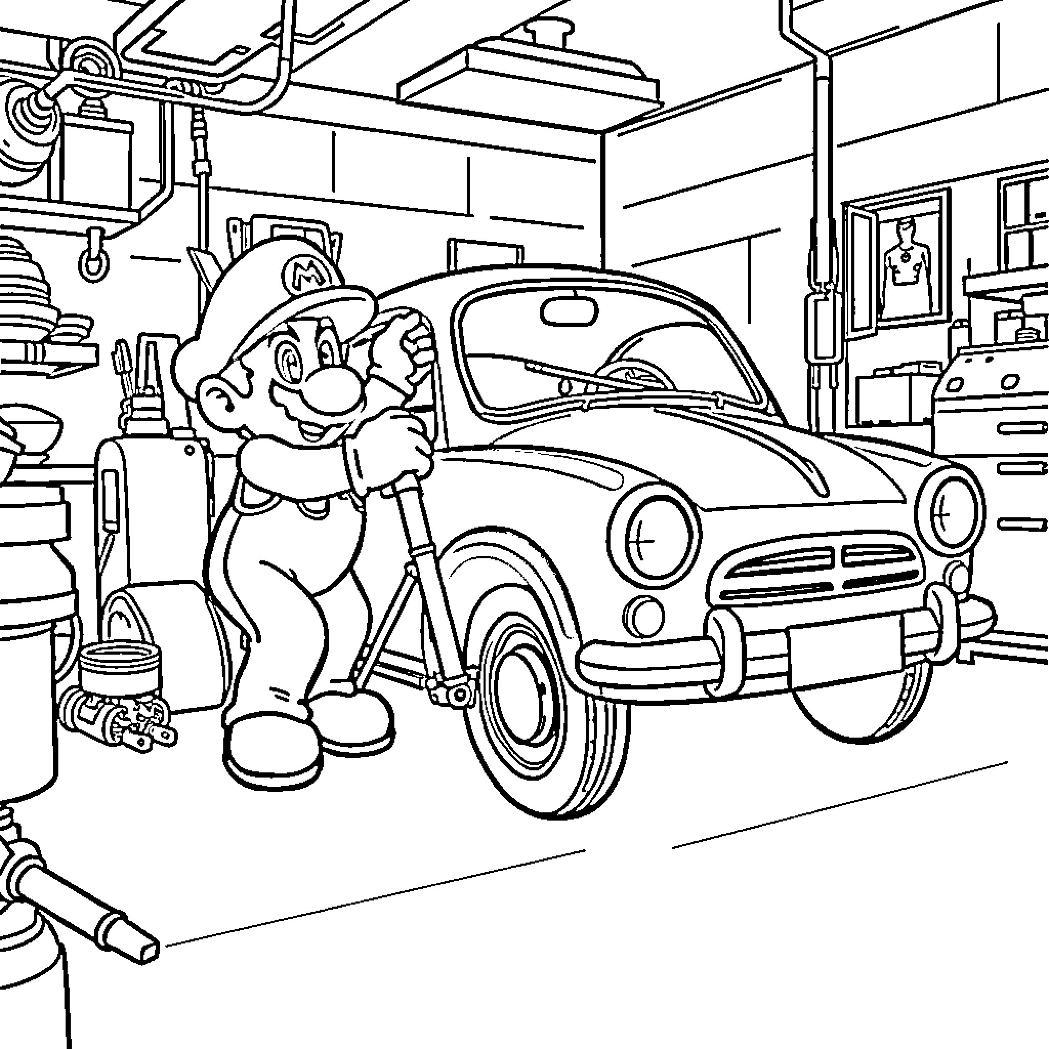 Super Mario working on classic car in garage Coloring Page (free black-and-white line drawing printable PDF for all, from beginners to advanced learners, including children, teens, adults, and seniors)