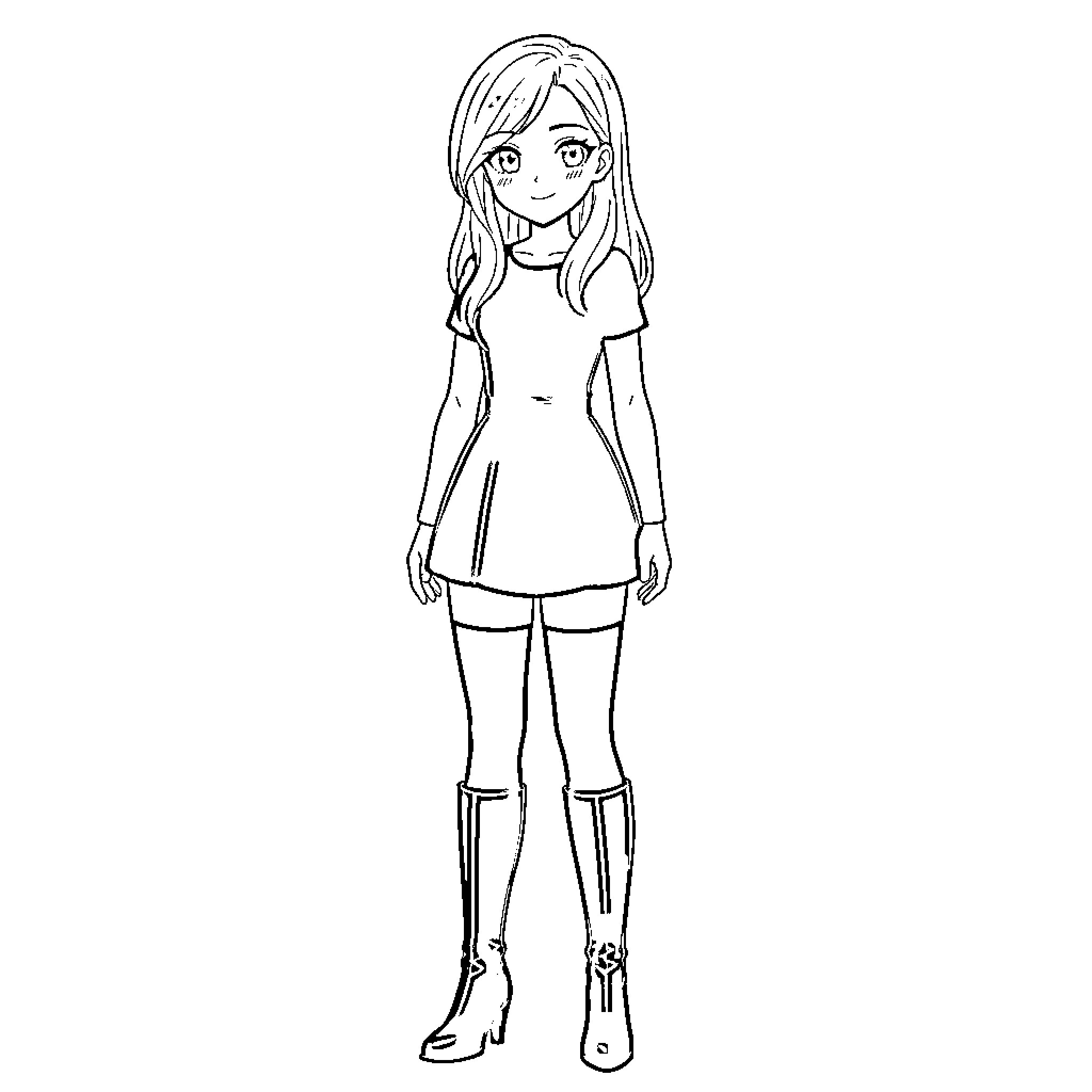 Anime Girl Standing with Confident Expression Coloring Page (free black-and-white line drawing printable PDF for all, from beginners to advanced learners, including children, teens, adults, and seniors)