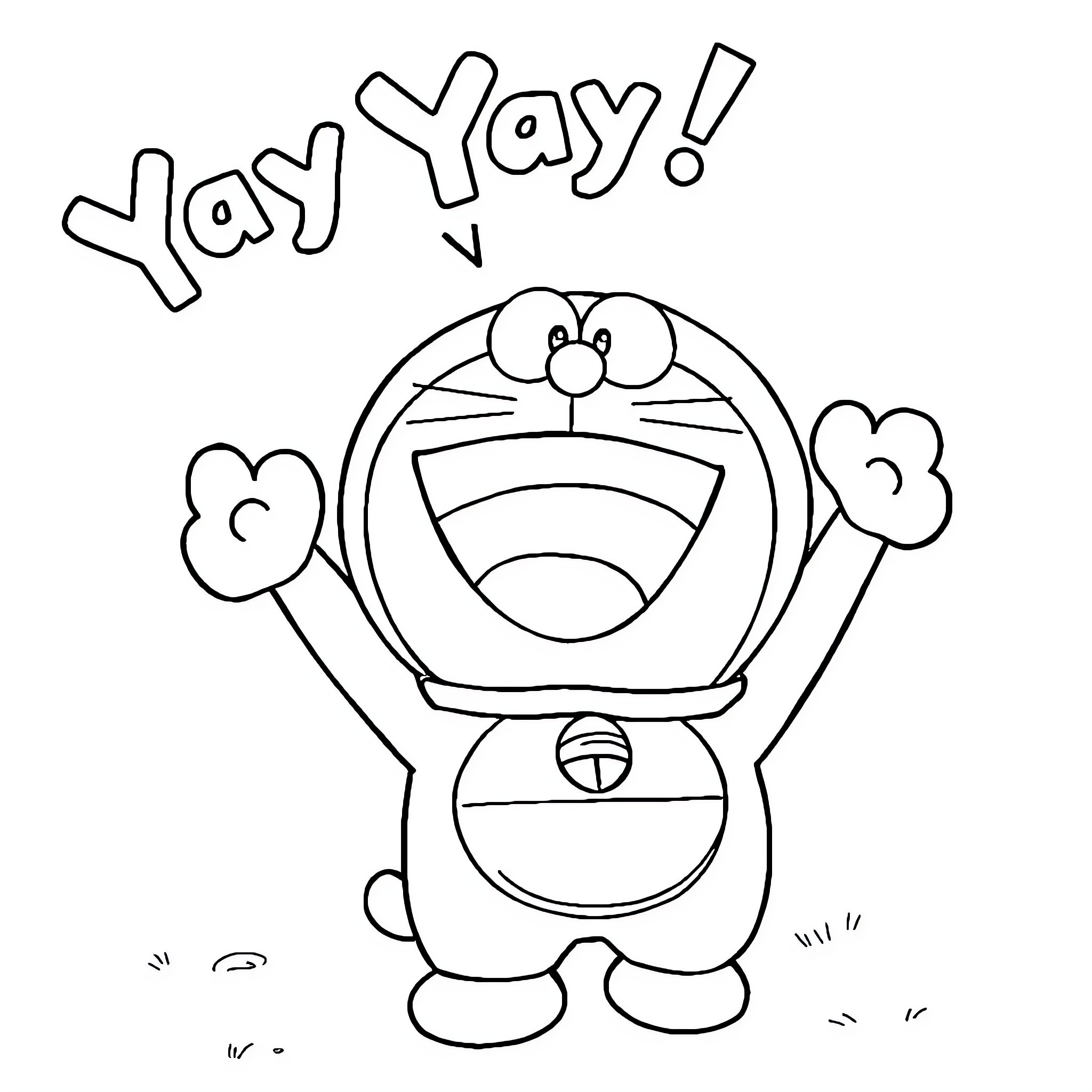 Doraemon excitedly exclaims 'Yay Yay!' Coloring Page (free black-and-white line drawing printable PDF for all, from beginners to advanced learners, including children, teens, adults, and seniors)