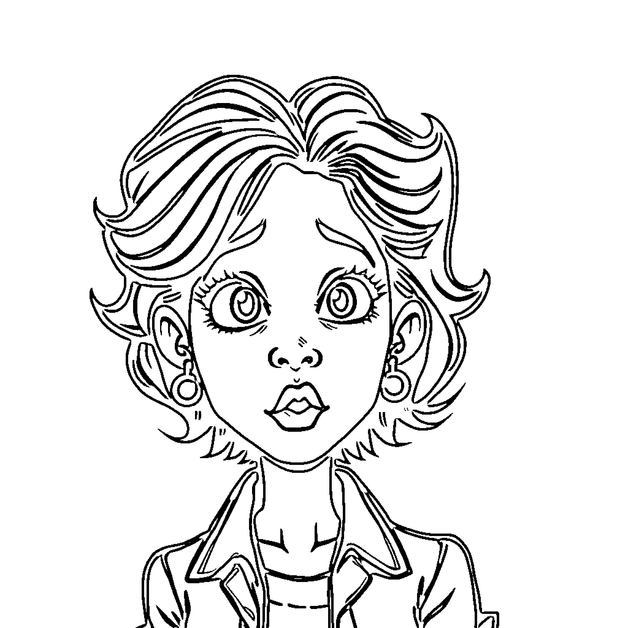 Woman with expressive facial features Coloring Page (free black-and-white line drawing printable PDF for all, from beginners to advanced learners, including children, teens, adults, and seniors)