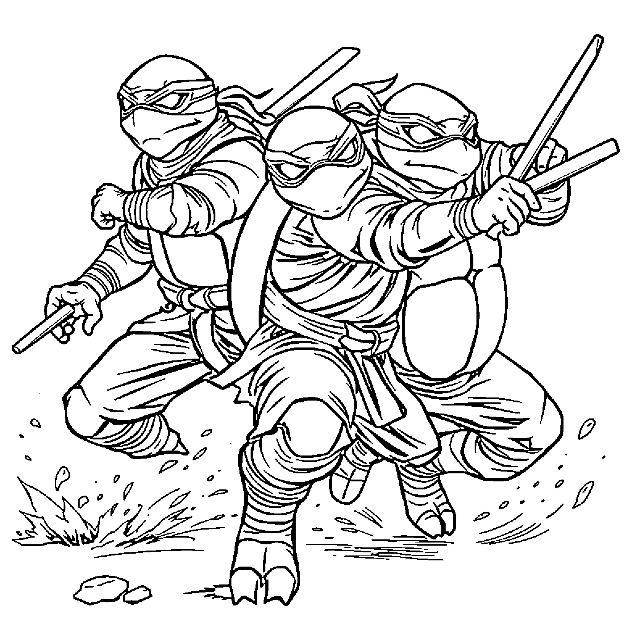 Turtle ninja warriors in action Coloring Page (free black-and-white line drawing printable PDF for all, from beginners to advanced learners, including children, teens, adults, and seniors)