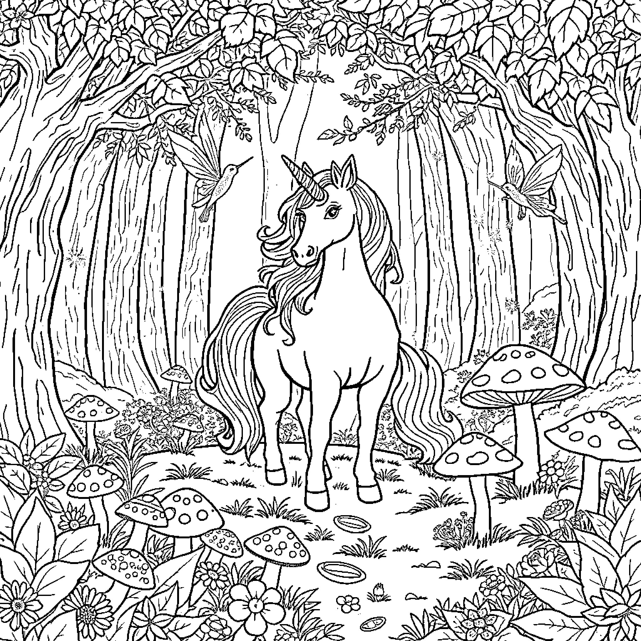 Unicorn roaming enchanted forest with fairy companions Coloring Page (free black-and-white line drawing printable PDF for all, from beginners to advanced learners, including children, teens, adults, and seniors)