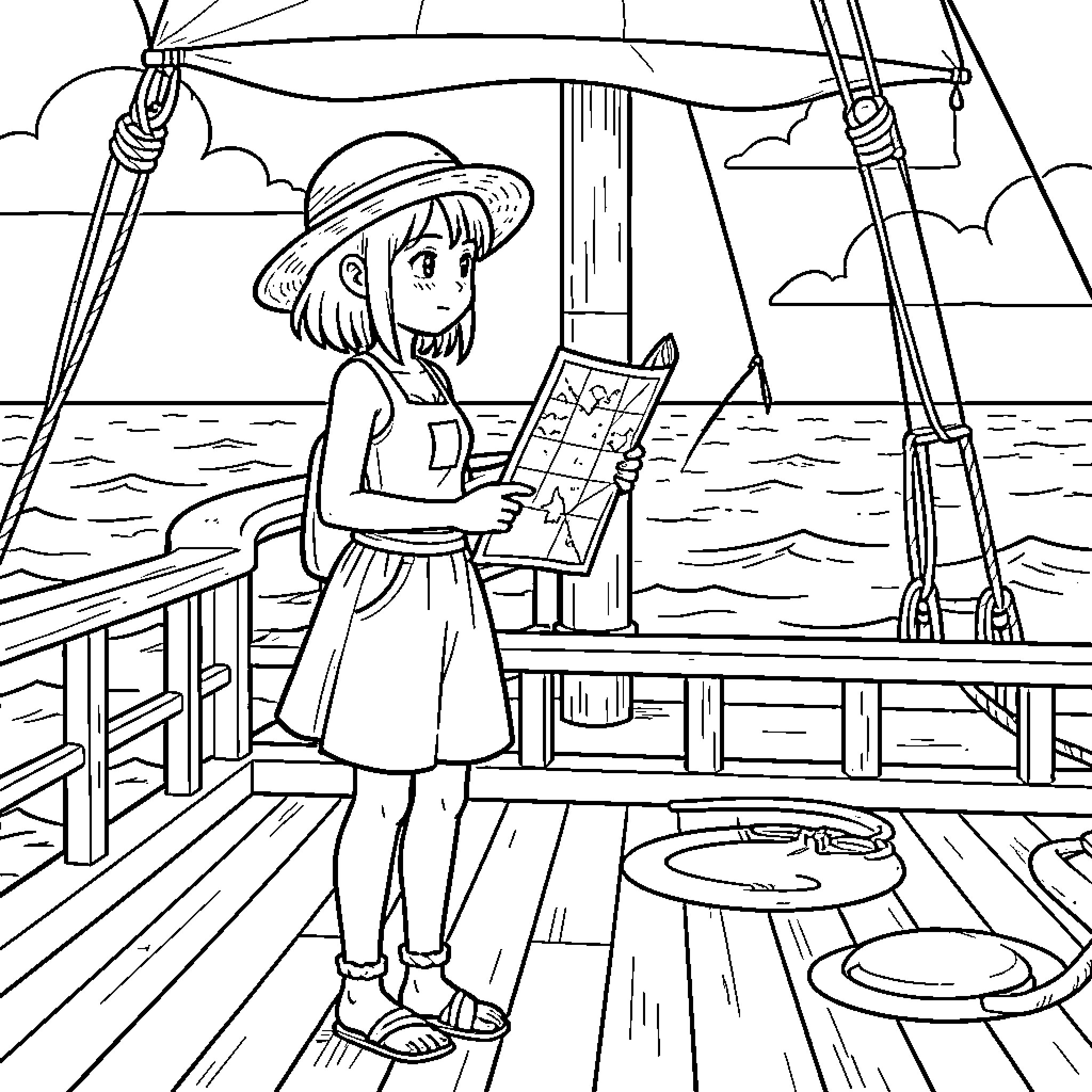 Nami holding a map while standing on a ship Coloring Page (free black-and-white line drawing printable PDF for all, from beginners to advanced learners, including children, teens, adults, and seniors)