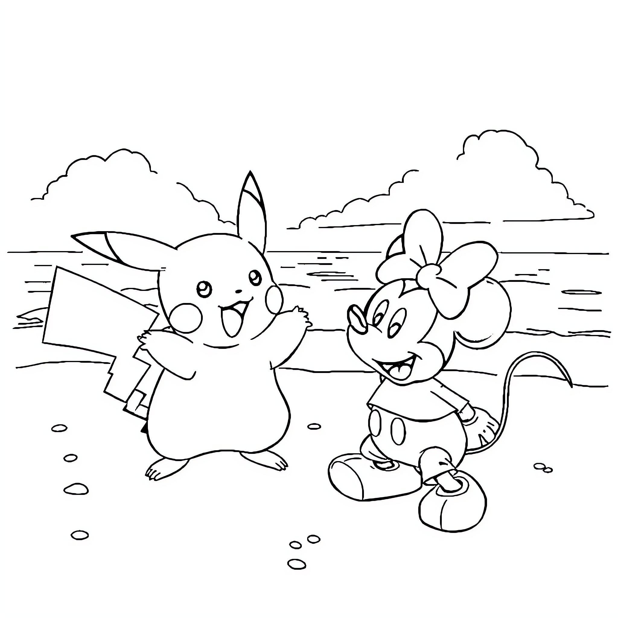 Pikachu having fun with a friend on the beach Coloring Page (free black-and-white line drawing printable PDF for all, from beginners to advanced learners, including children, teens, adults, and seniors)