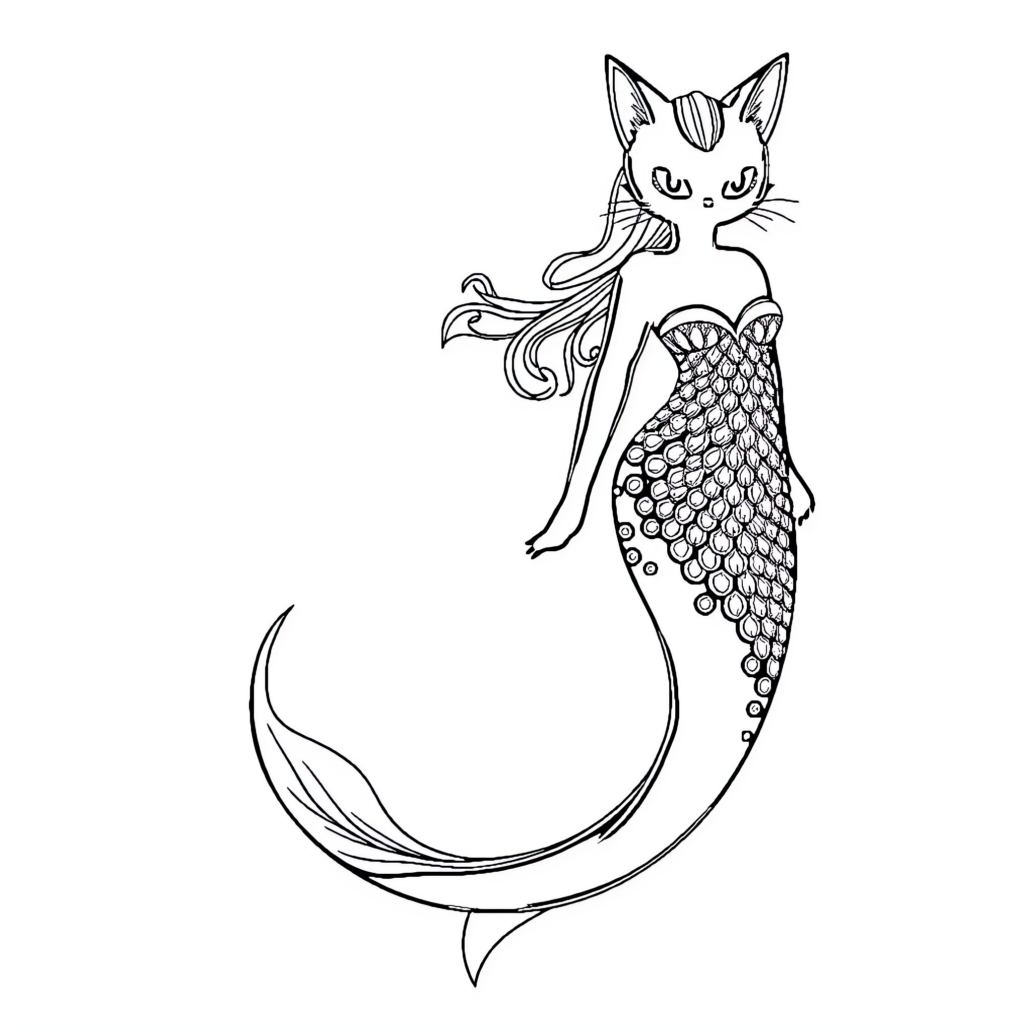 Cat mermaid with intricate tail Coloring Page (free black-and-white line drawing printable PDF for all, from beginners to advanced learners, including children, teens, adults, and seniors)