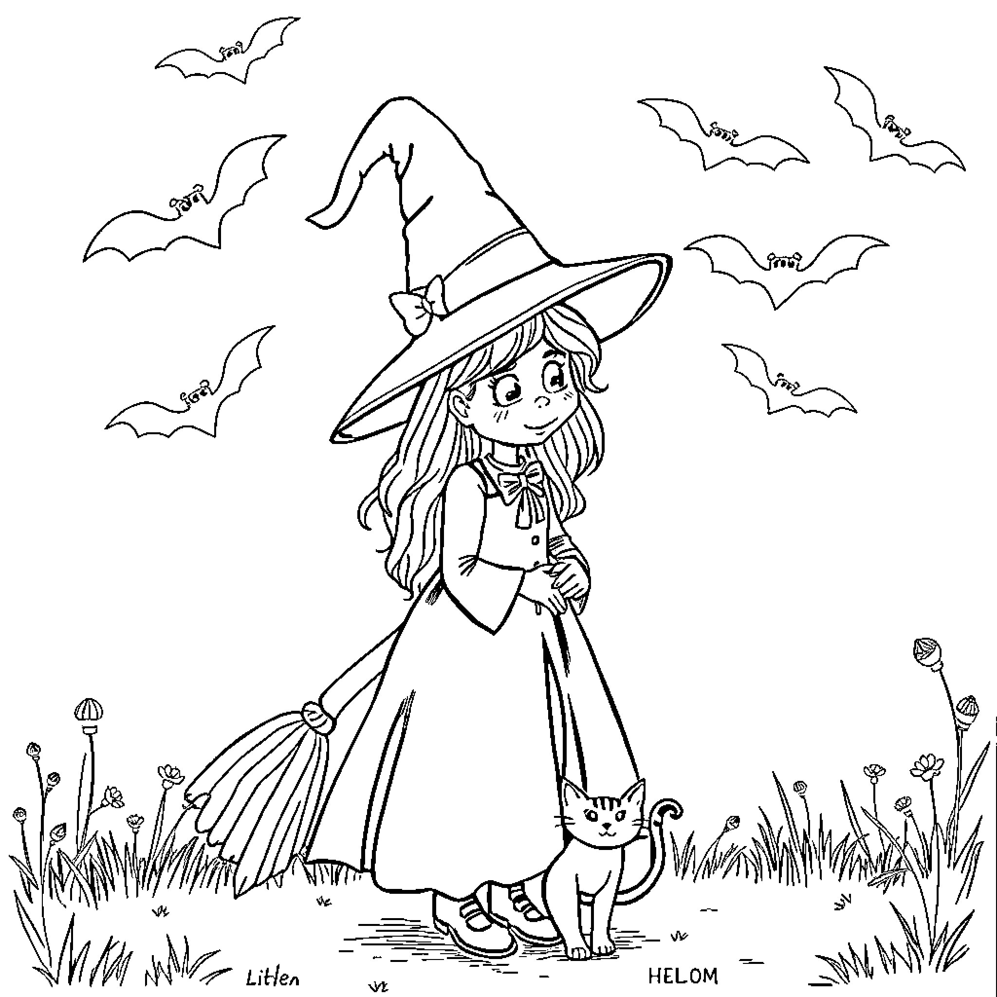Witch's Enchanting Stroll with Feline Companion Coloring Page (free black-and-white line drawing printable PDF for all, from beginners to advanced learners, including children, teens, adults, and seniors)