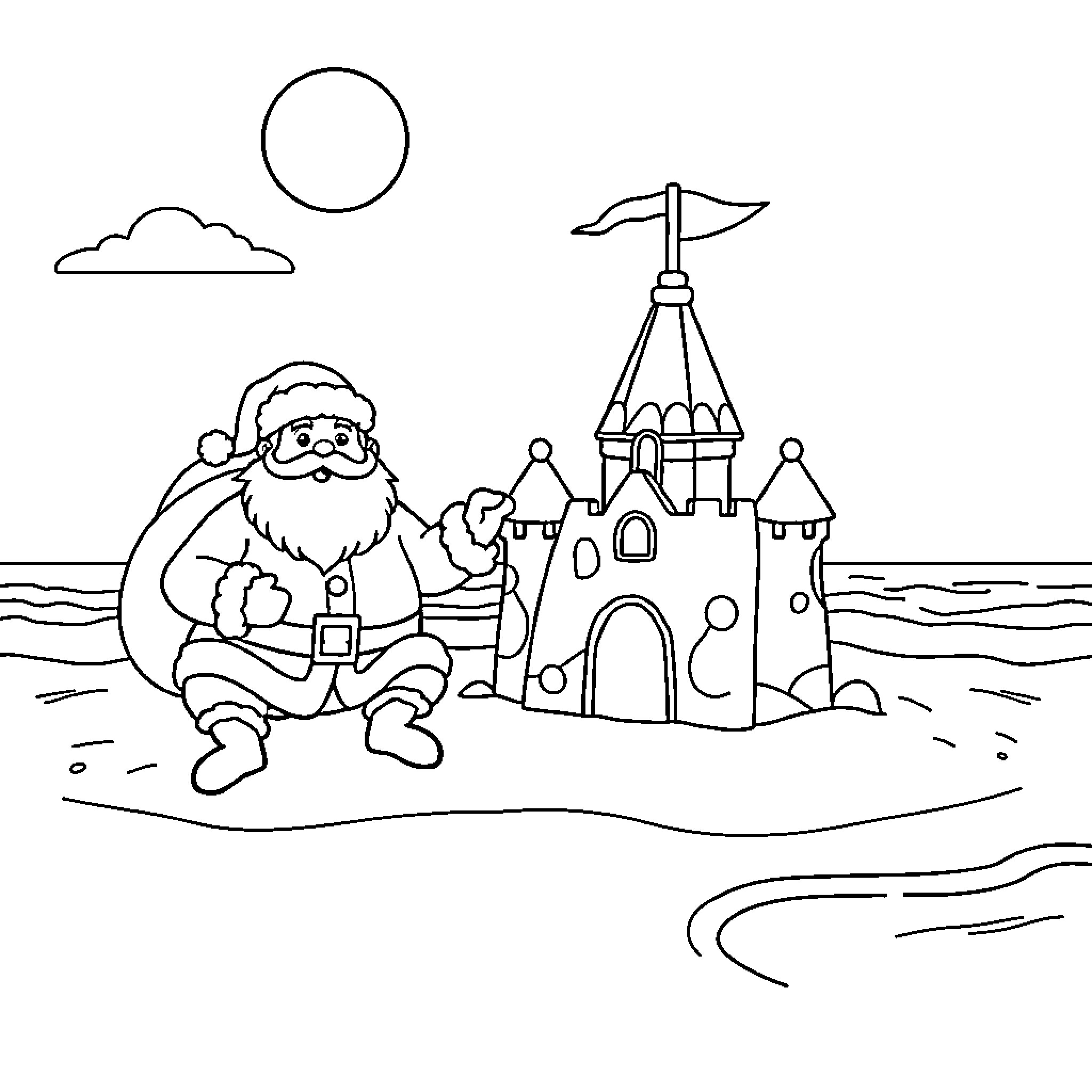 Sandcastle building with Santa Claus on the beach Coloring Page (free black-and-white line drawing printable PDF for all, from beginners to advanced learners, including children, teens, adults, and seniors)