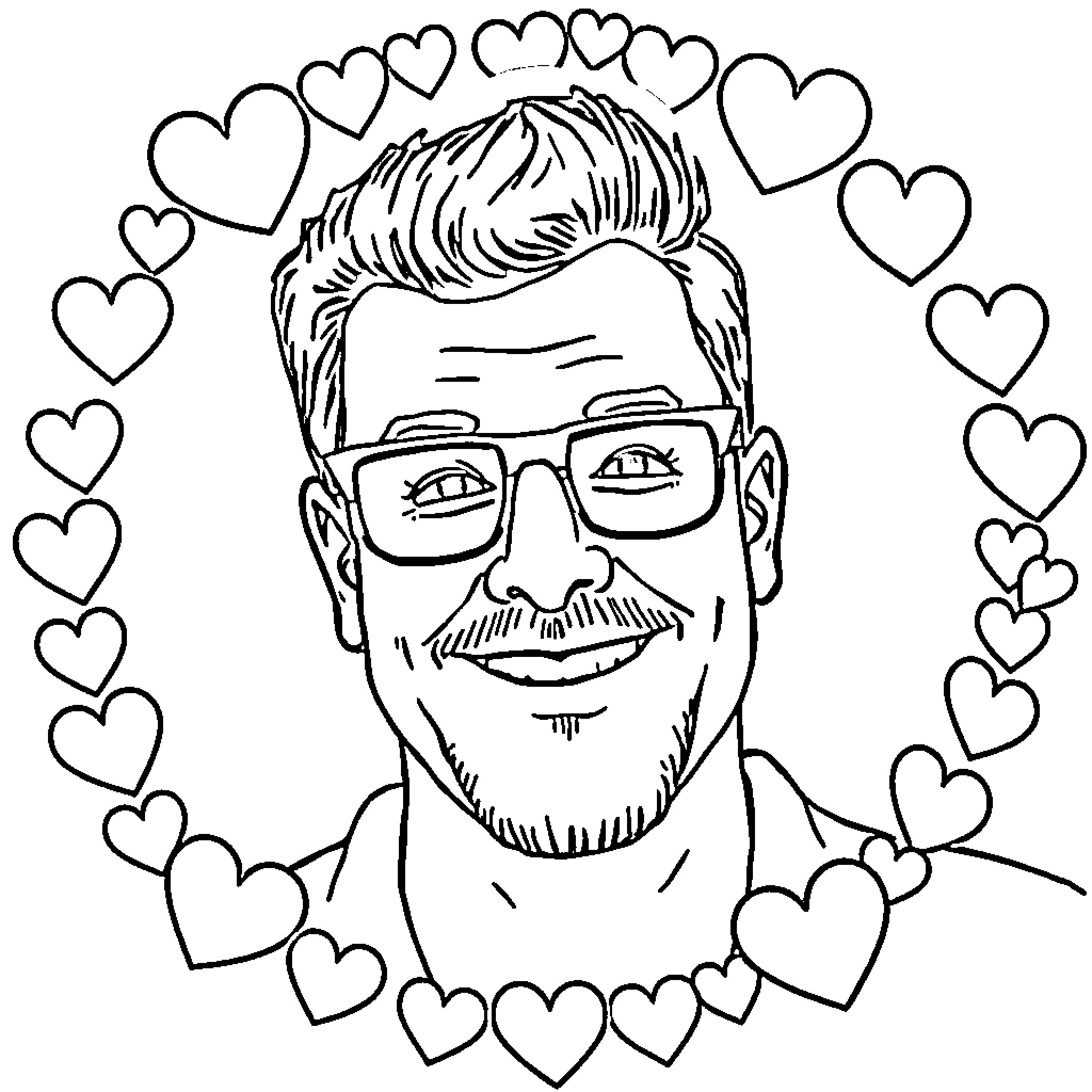 Hank Hill surrounded by affectionate hearts Coloring Page (free black-and-white line drawing printable PDF for all, from beginners to advanced learners, including children, teens, adults, and seniors)