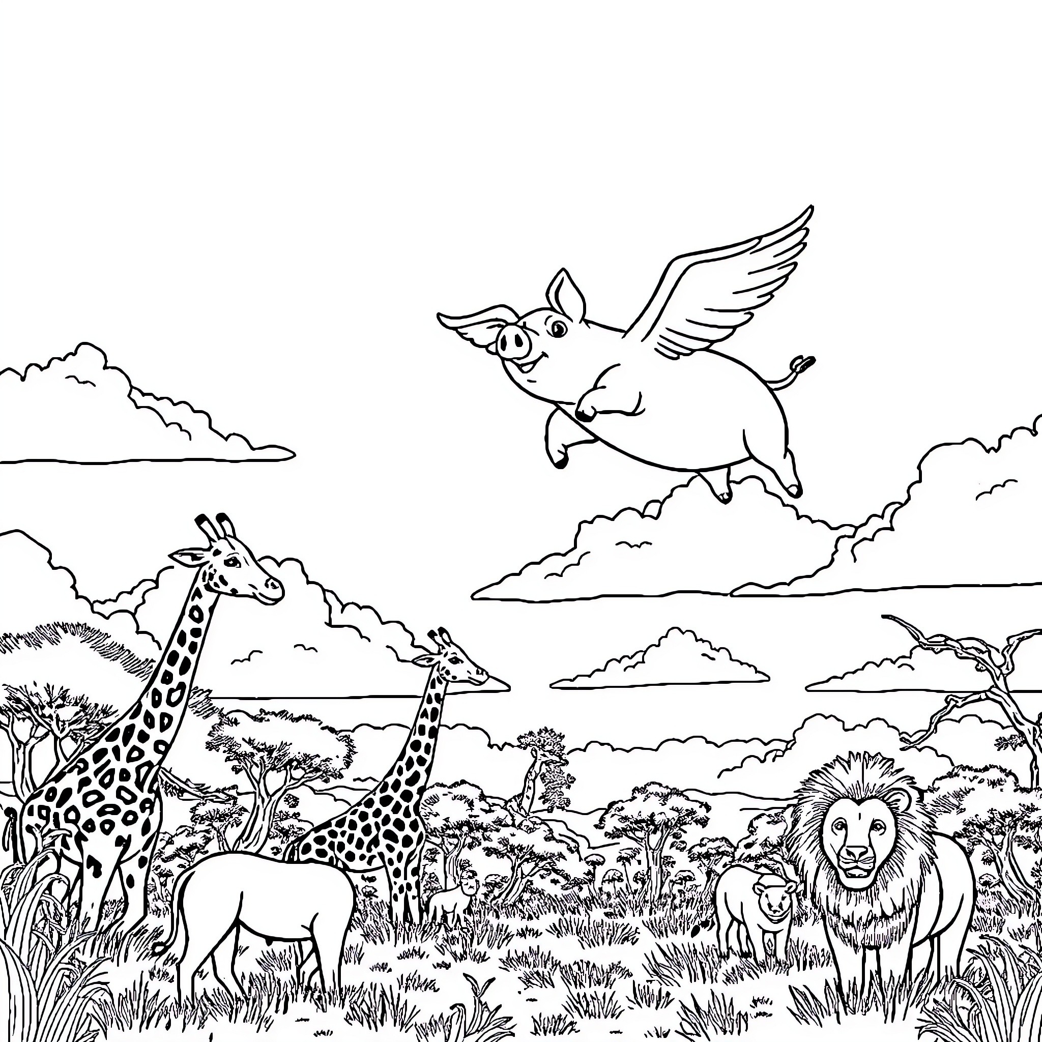Flying Pig Soaring over African Safari Coloring Page (free black-and-white line drawing printable PDF for all, from beginners to advanced learners, including children, teens, adults, and seniors)