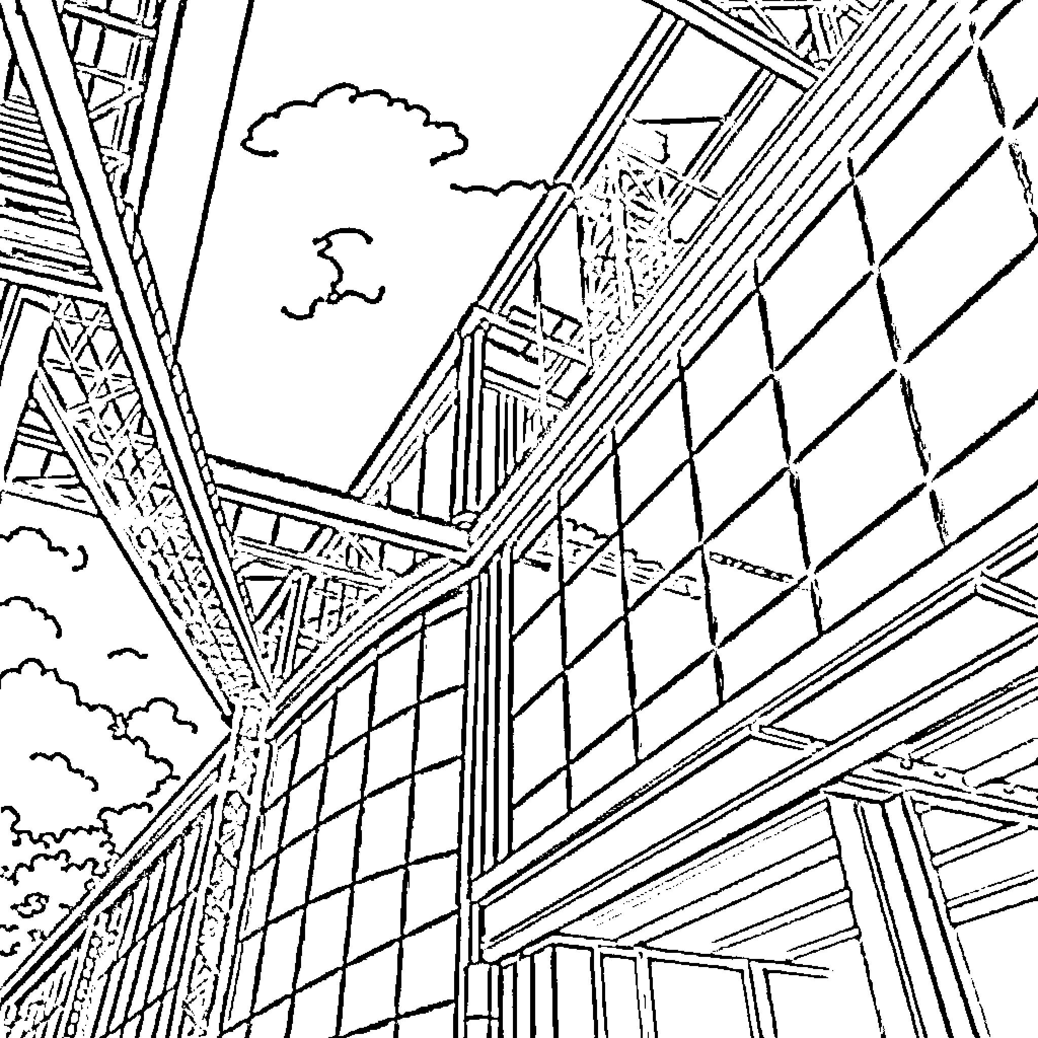 Architecture of modern glass skyscrapers with abstract patterns Coloring Page (free black-and-white line drawing printable PDF for all, from beginners to advanced learners, including children, teens, adults, and seniors)