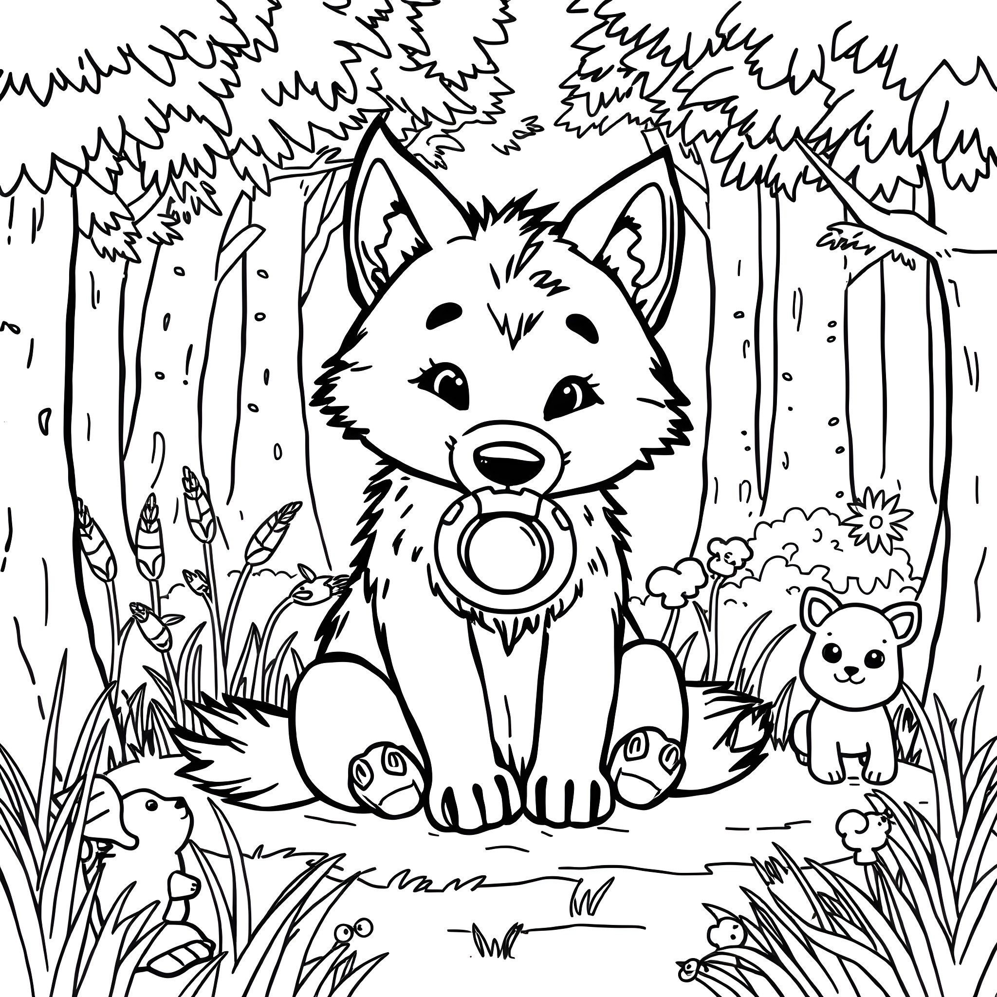 Wolf enjoying the forest with cute animals Coloring Page (free black-and-white line drawing printable PDF for all, from beginners to advanced learners, including children, teens, adults, and seniors)