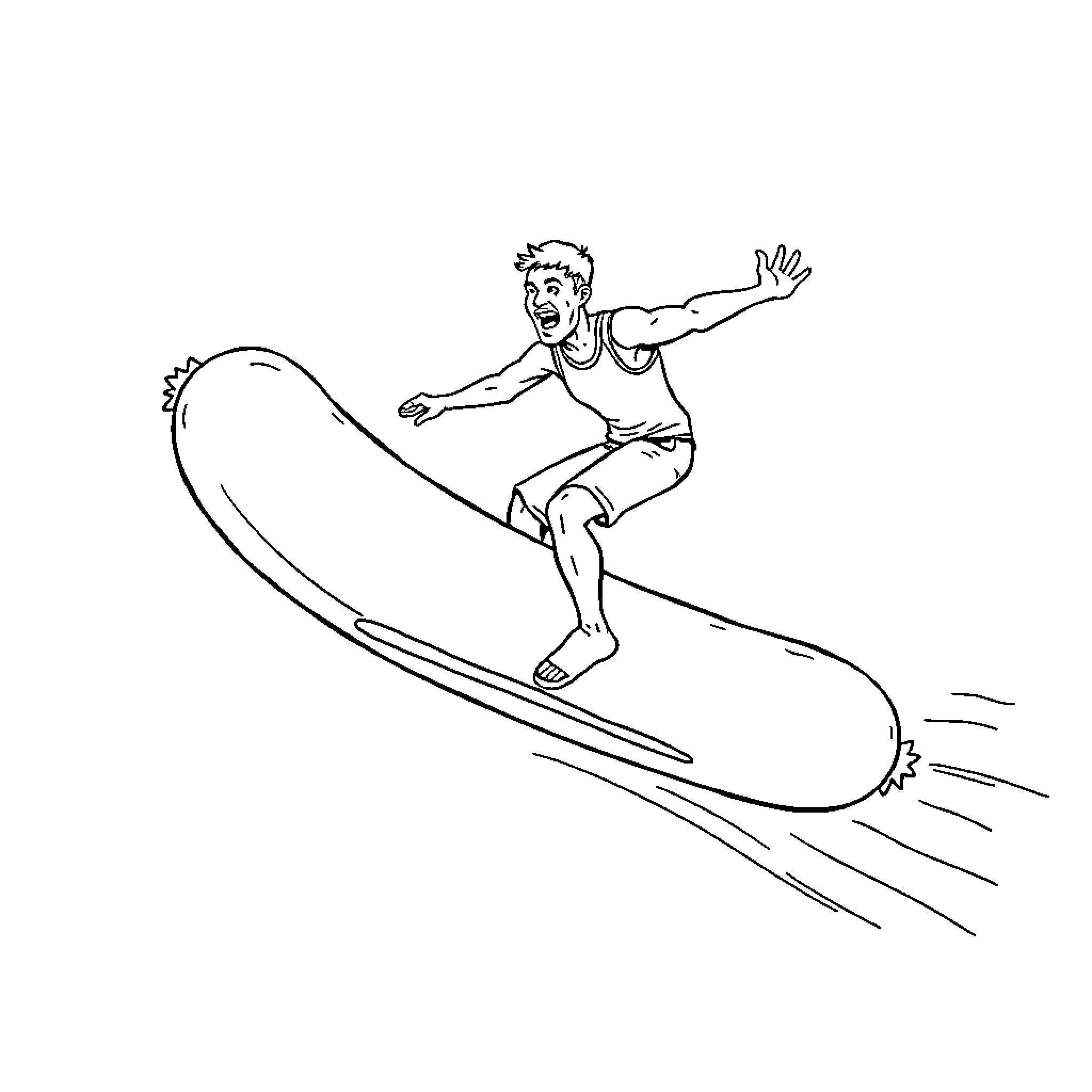 Man surfing on a wave with excitement Coloring Page (free black-and-white line drawing printable PDF for all, from beginners to advanced learners, including children, teens, adults, and seniors)