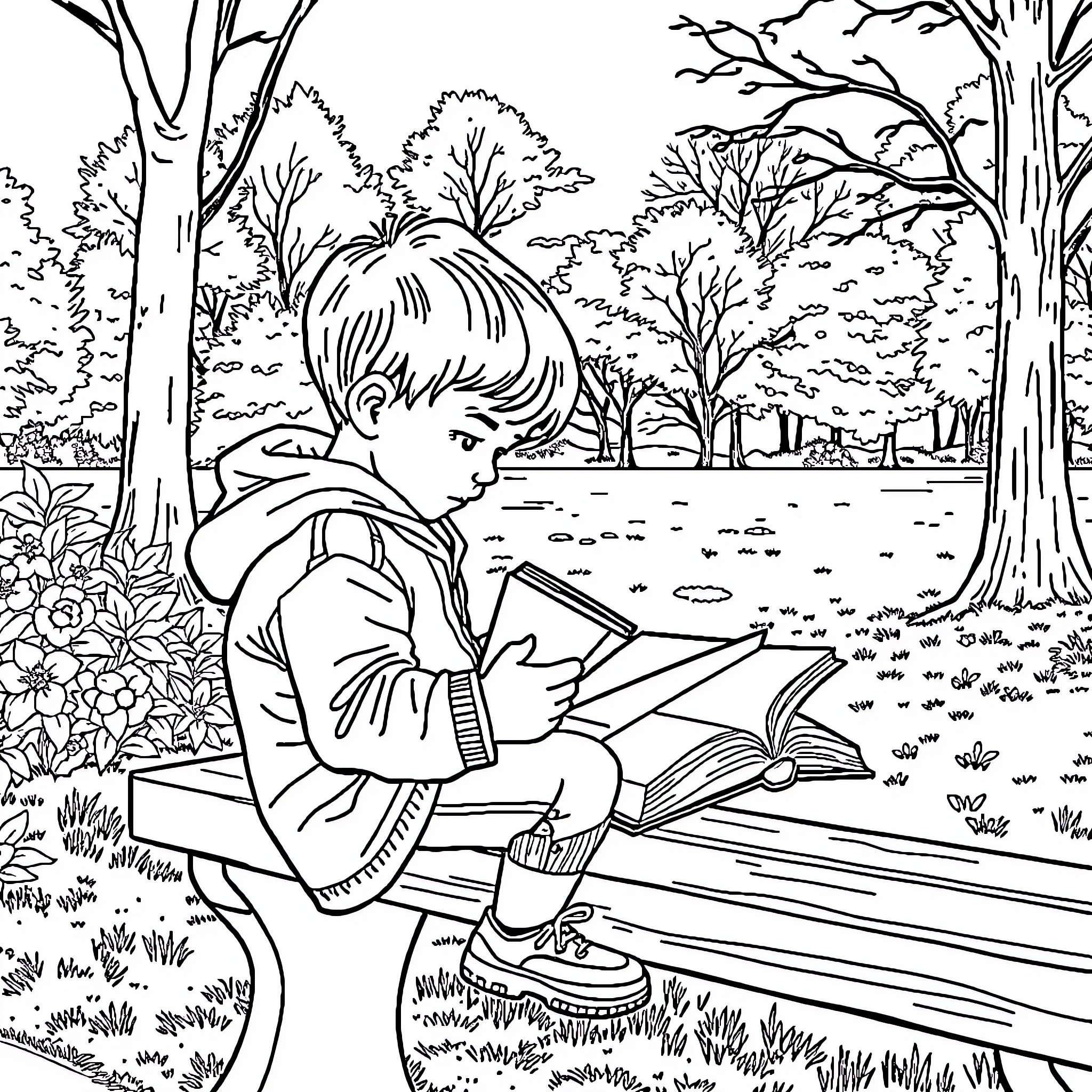 Child reading a book in the park Coloring Page (free black-and-white line drawing printable PDF for all, from beginners to advanced learners, including children, teens, adults, and seniors)