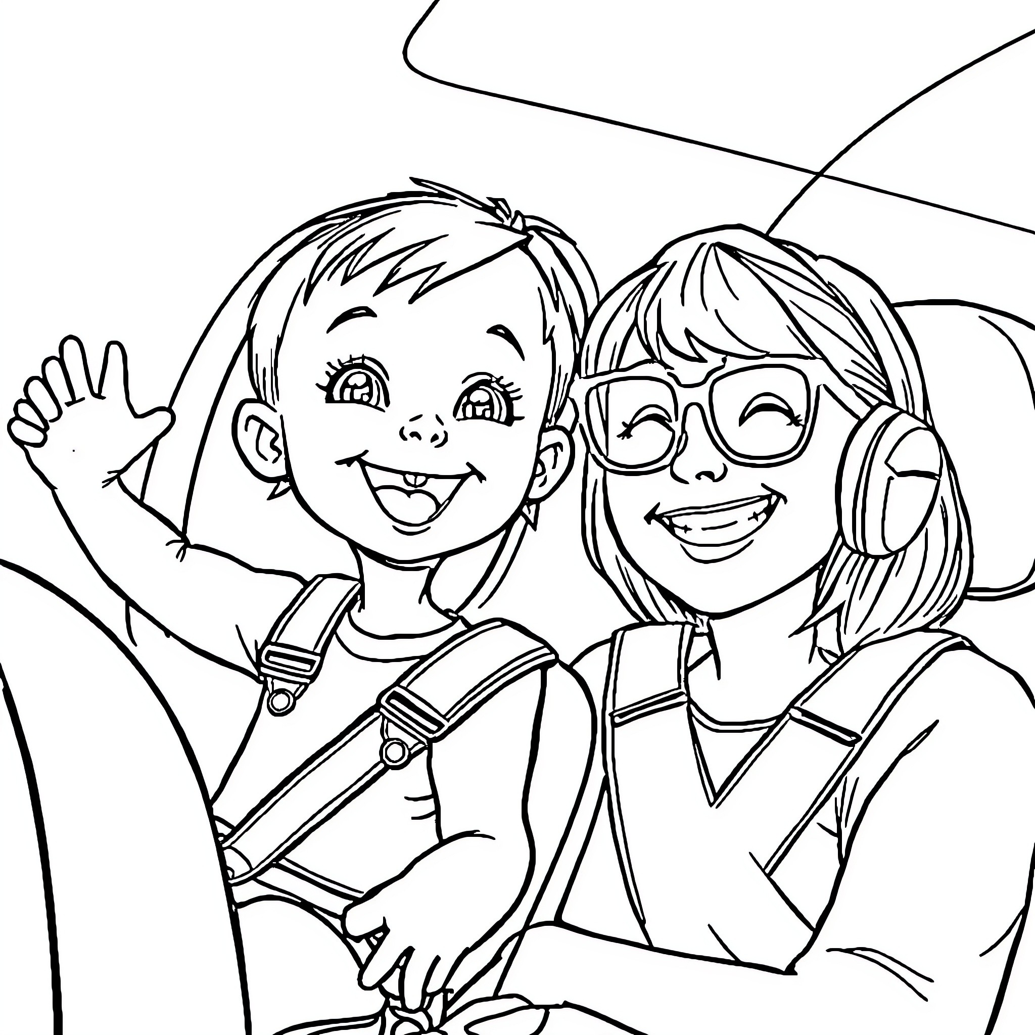 Babygirl's Fun Adventure with Smiling Friend Coloring Page (free black-and-white line drawing printable PDF for all, from beginners to advanced learners, including children, teens, adults, and seniors)