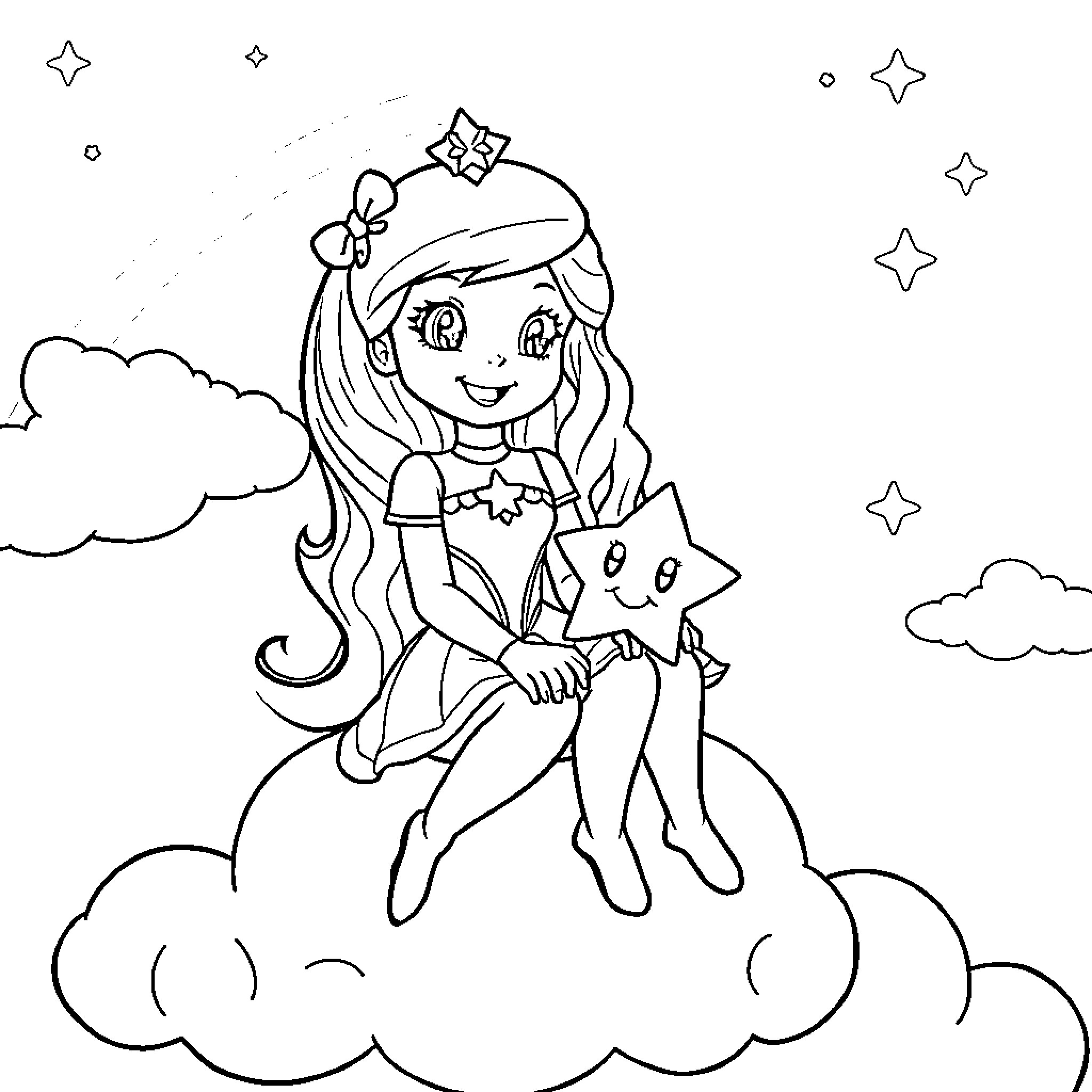 Rainbow Brite floating in the clouds Coloring Page (free black-and-white line drawing printable PDF for all, from beginners to advanced learners, including children, teens, adults, and seniors)
