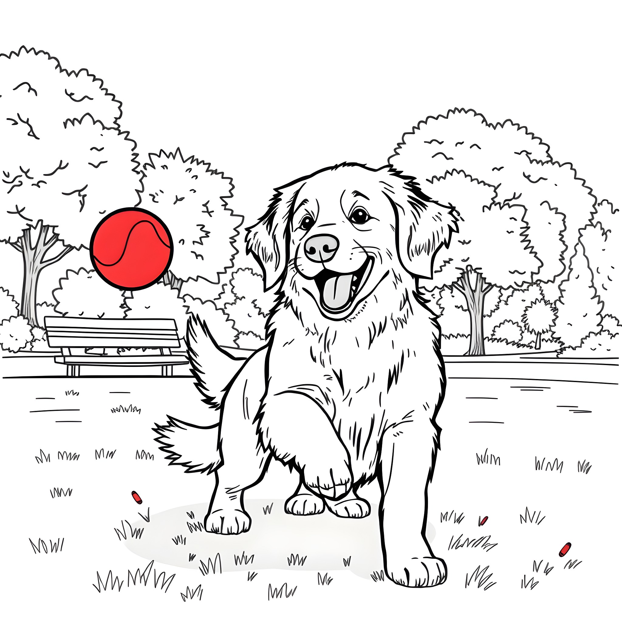 Golden Retriever playing with a ball in the park Coloring Page (free black-and-white line drawing printable PDF for all, from beginners to advanced learners, including children, teens, adults, and seniors)
