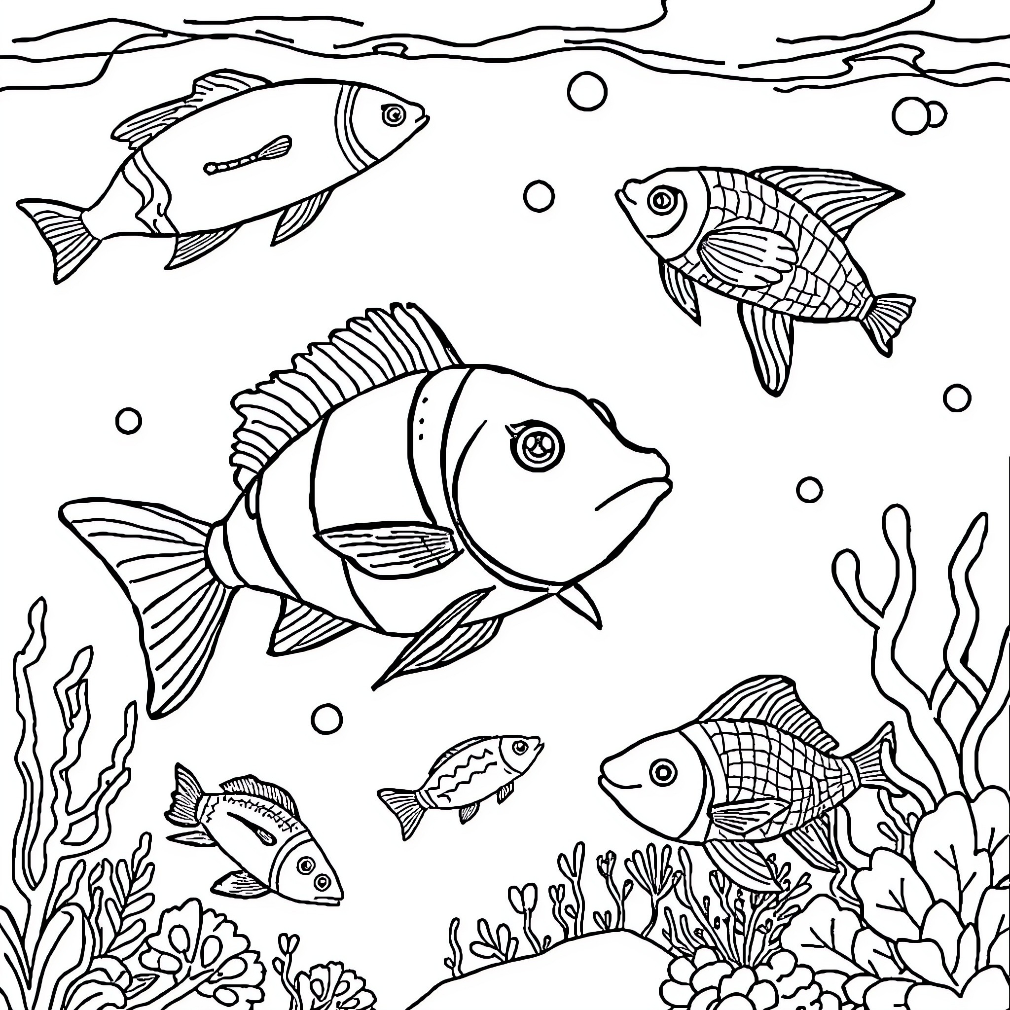 Sea Animals Swimming in the Ocean Coloring Page (free black-and-white line drawing printable PDF for all, from beginners to advanced learners, including children, teens, adults, and seniors)