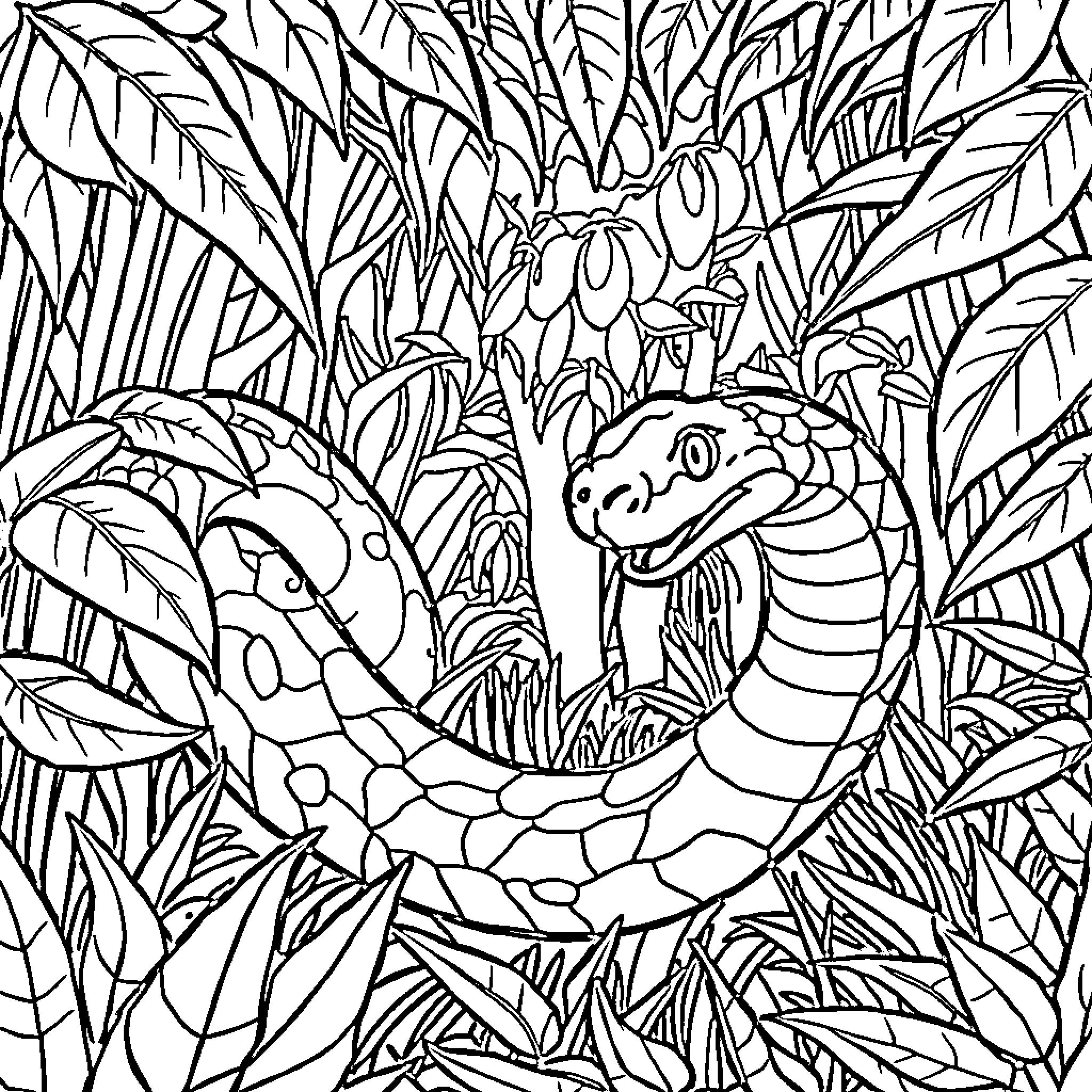 Snake coiled in lush jungle foliage Coloring Page (free black-and-white line drawing printable PDF for all, from beginners to advanced learners, including children, teens, adults, and seniors)