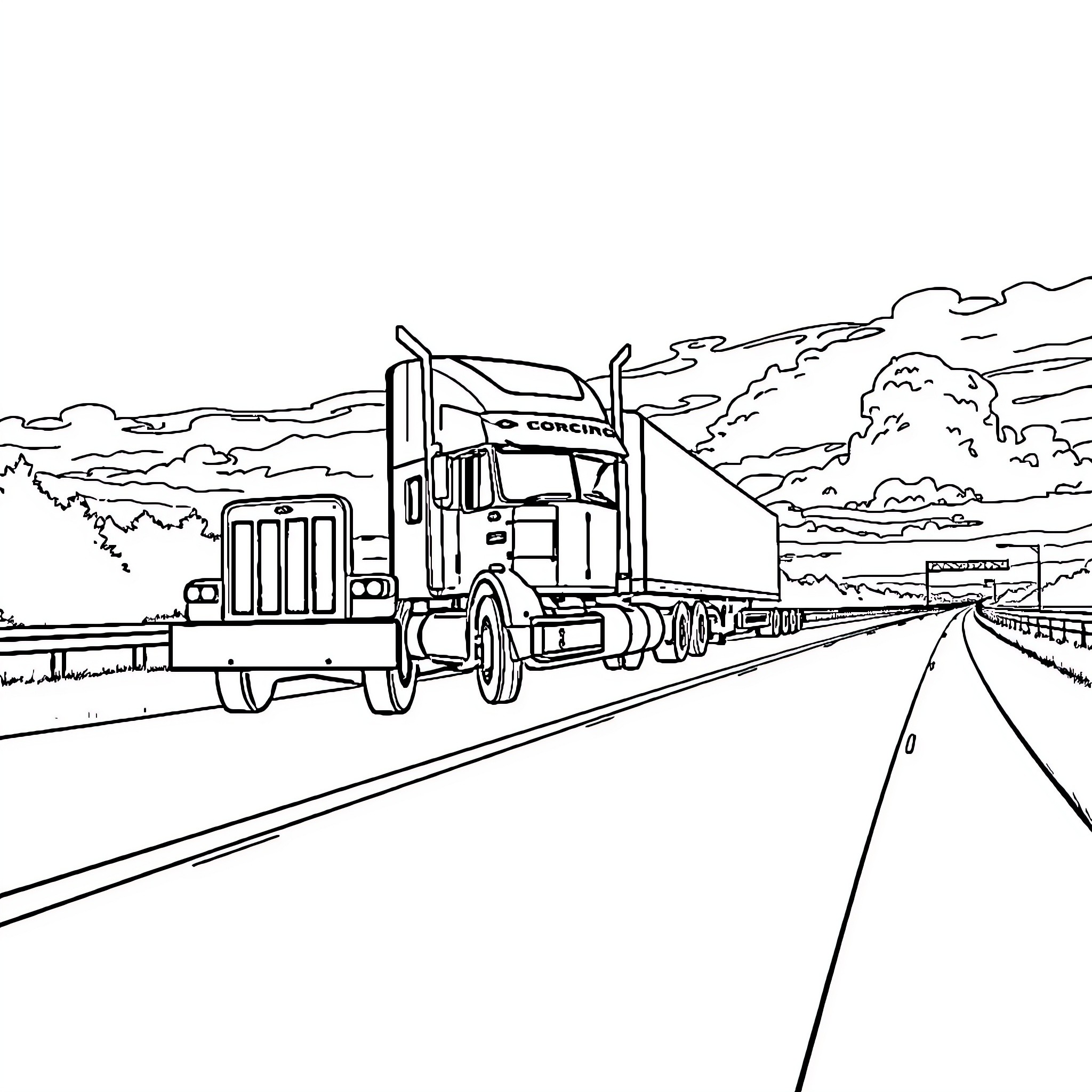 Truck on the open road under cloudy skies Coloring Page (free black-and-white line drawing printable PDF for all, from beginners to advanced learners, including children, teens, adults, and seniors)