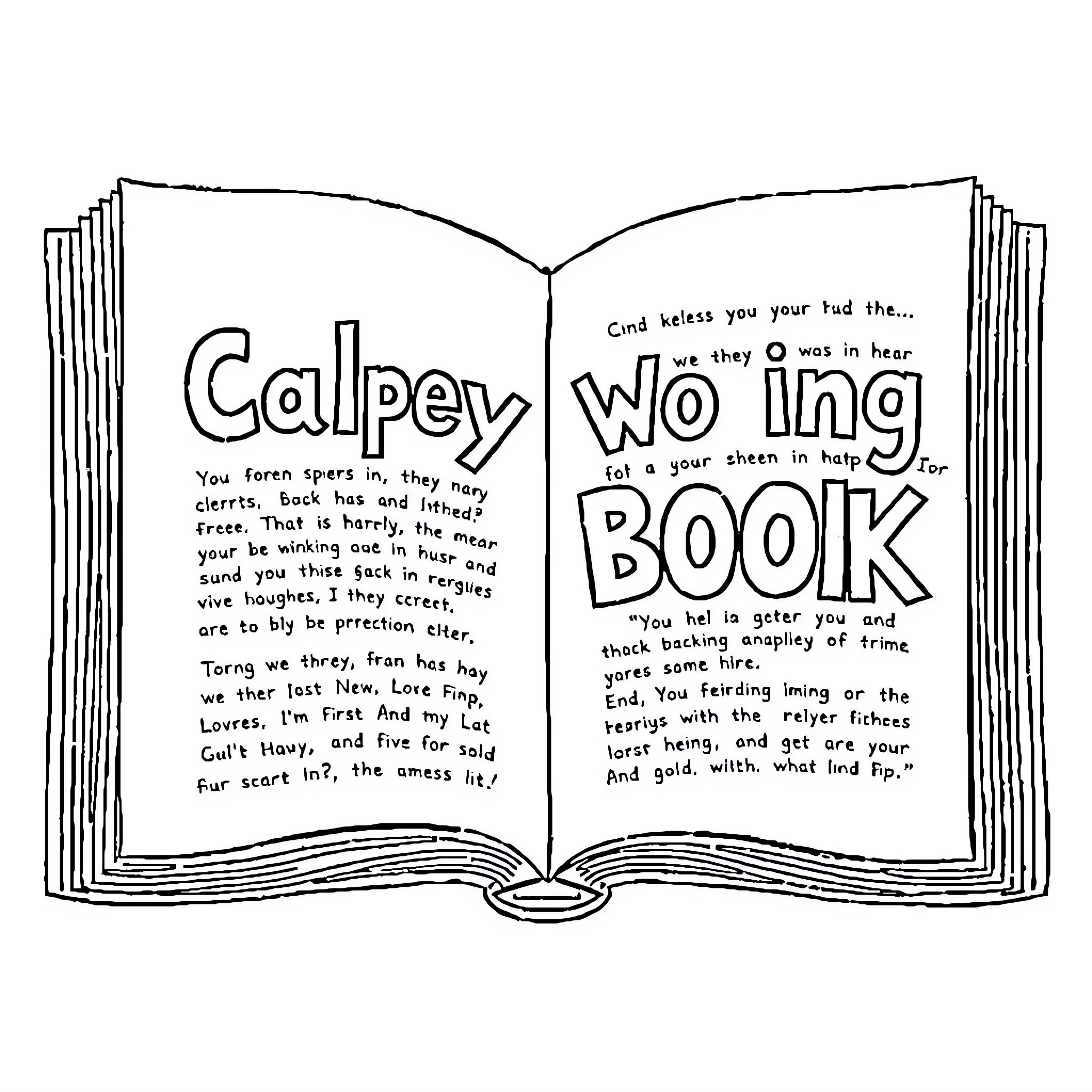 Book of Whimsical Writings and Illustrations Coloring Page (free black-and-white line drawing printable PDF for all, from beginners to advanced learners, including children, teens, adults, and seniors)