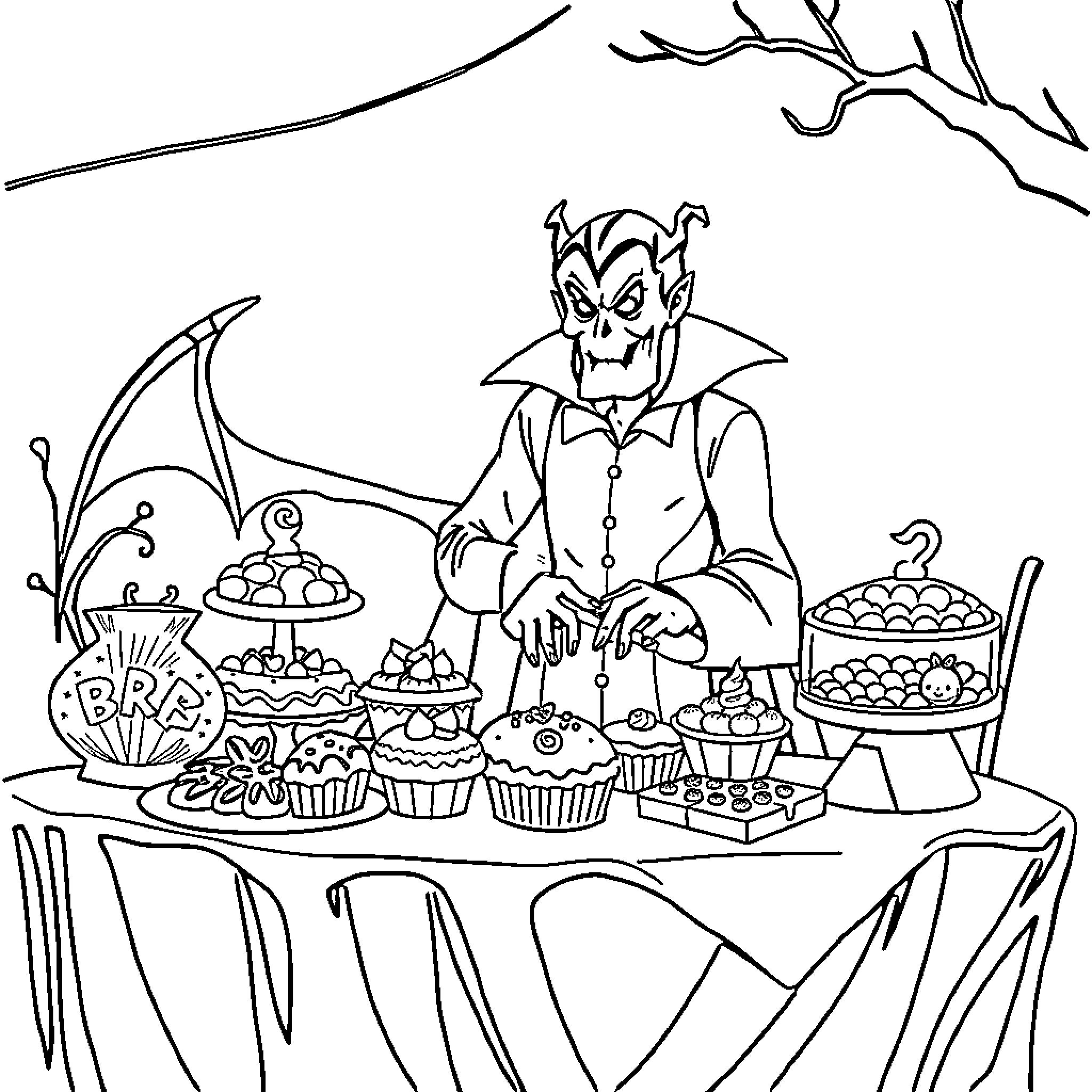 Dracula serving up spooky sweets and treats Coloring Page (free black-and-white line drawing printable PDF for all, from beginners to advanced learners, including children, teens, adults, and seniors)