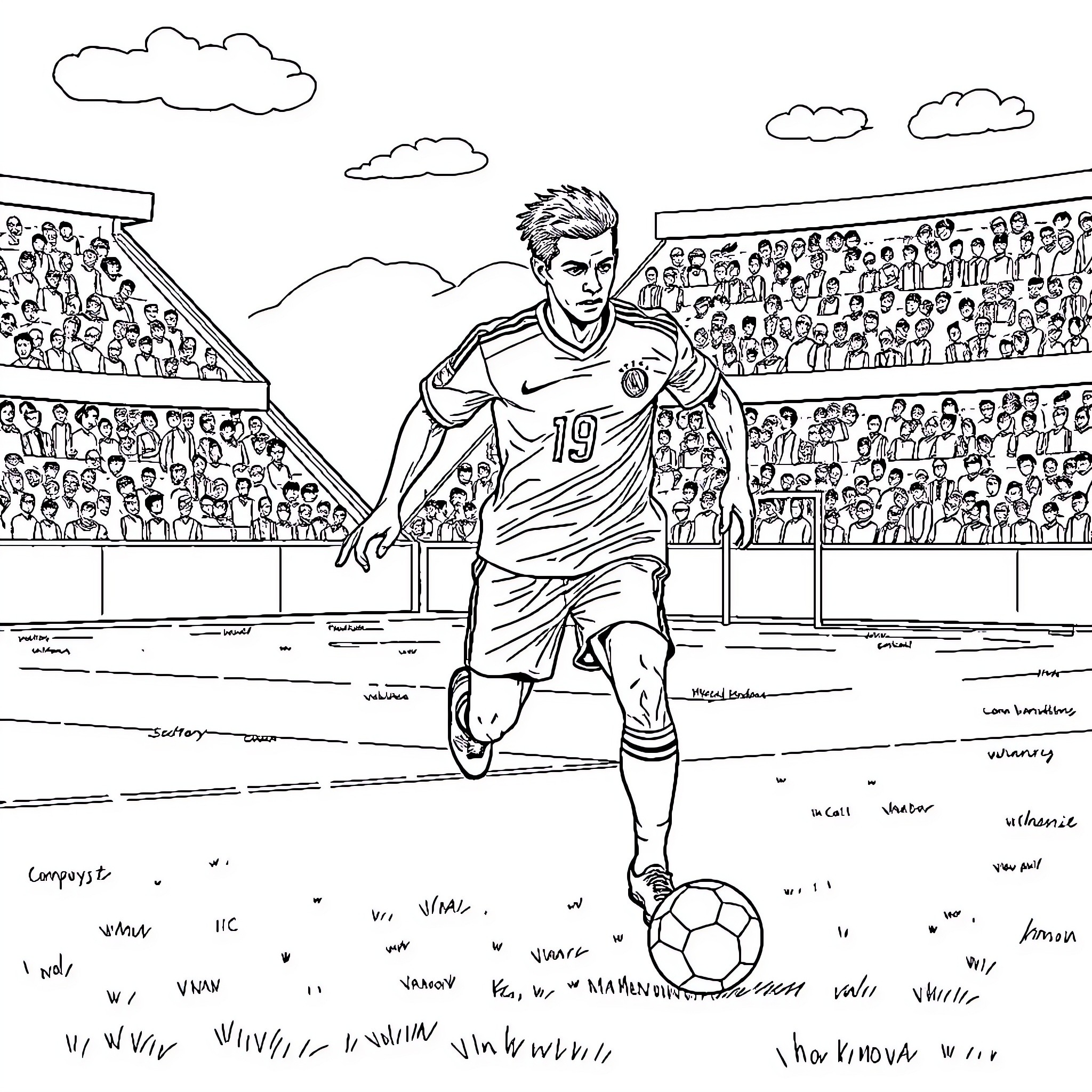 Michal Jordan playing soccer in a stadium Coloring Page (free black-and-white line drawing printable PDF for all, from beginners to advanced learners, including children, teens, adults, and seniors)