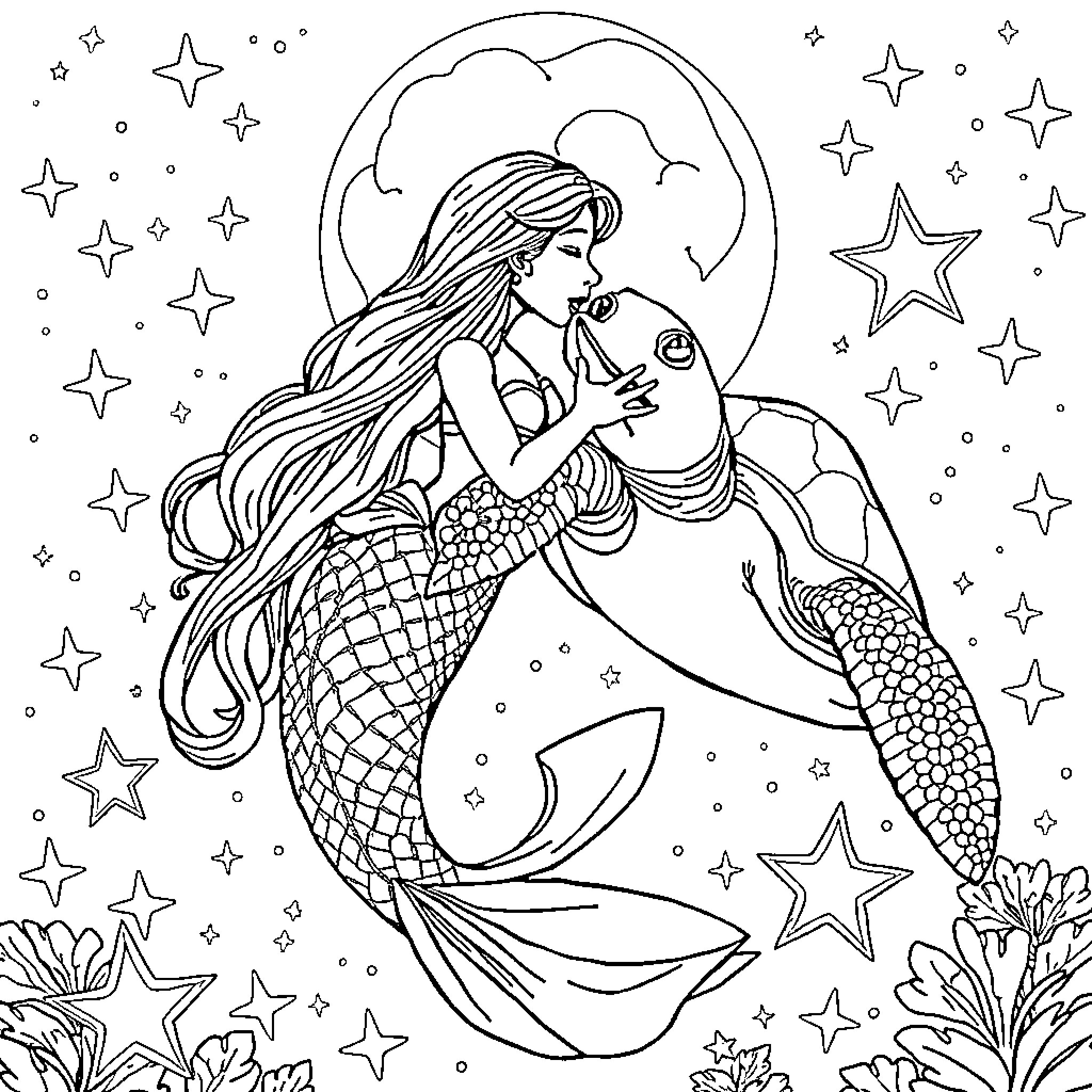 Mermaid gazing at the starry night sky Coloring Page (free black-and-white line drawing printable PDF for all, from beginners to advanced learners, including children, teens, adults, and seniors)