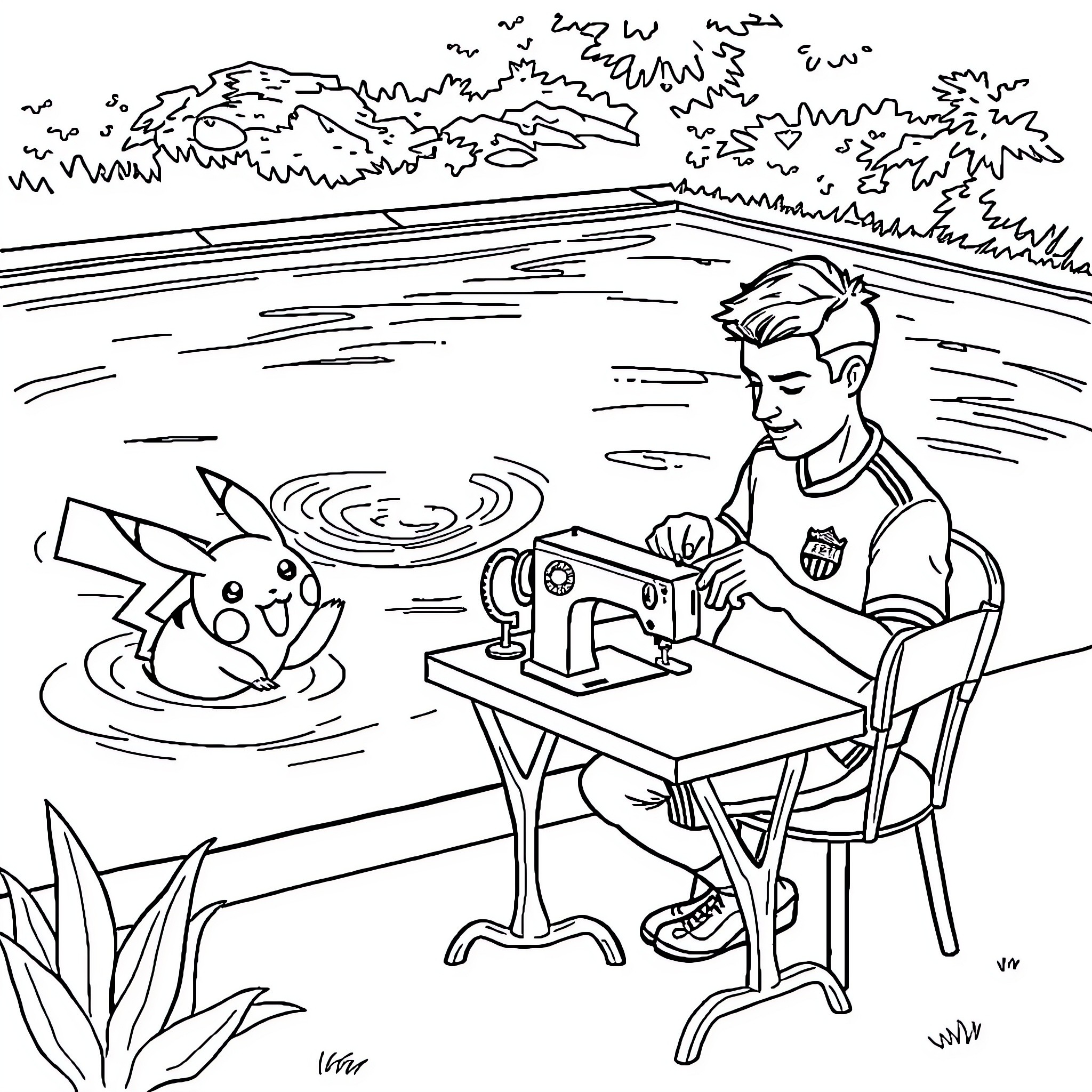 Pikachu relaxing with human friend by the lake Coloring Page (free black-and-white line drawing printable PDF for all, from beginners to advanced learners, including children, teens, adults, and seniors)