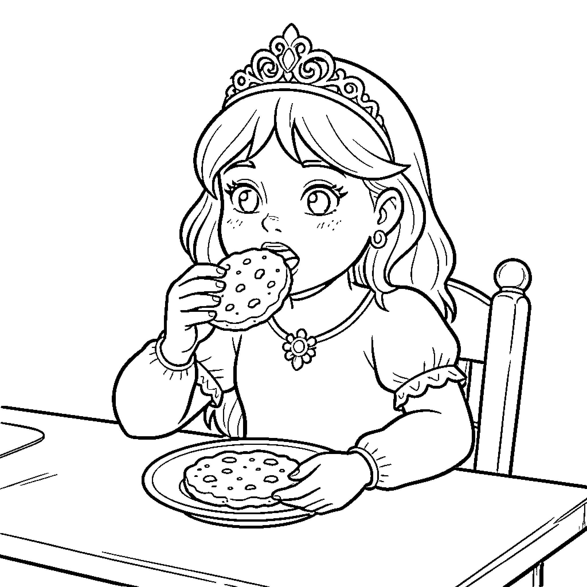 Princess Sara eating a delicious cookie at the table Coloring Page (free black-and-white line drawing printable PDF for all, from beginners to advanced learners, including children, teens, adults, and seniors)