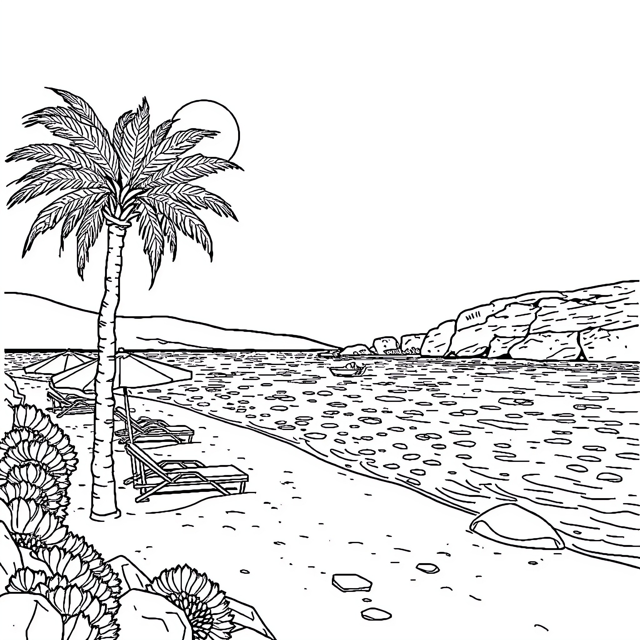 Vacation on a Tropical Beach Getaway Coloring Page (free black-and-white line drawing printable PDF for all, from beginners to advanced learners, including children, teens, adults, and seniors)