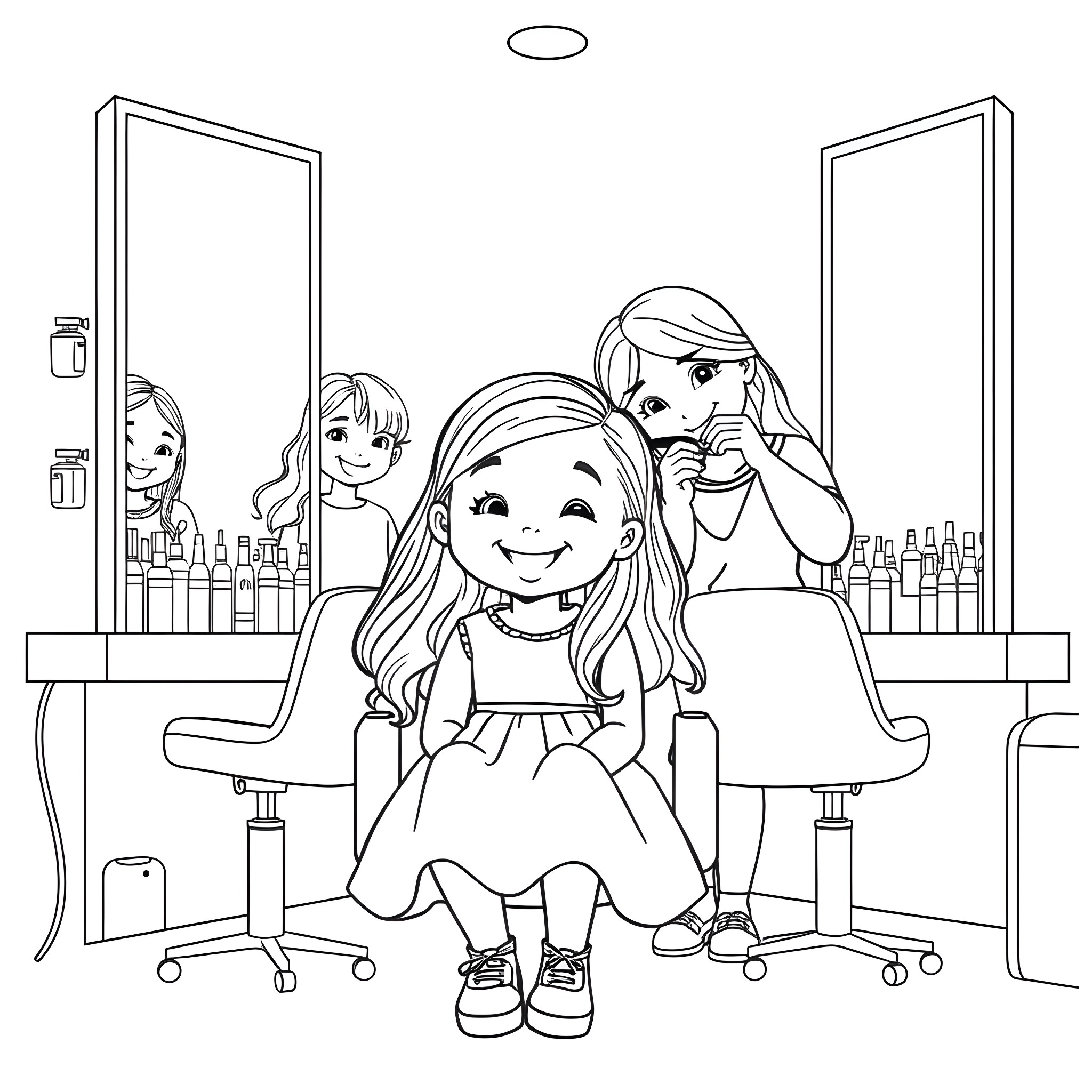Girl enjoying a salon visit with friends Coloring Page (free black-and-white line drawing printable PDF for all, from beginners to advanced learners, including children, teens, adults, and seniors)