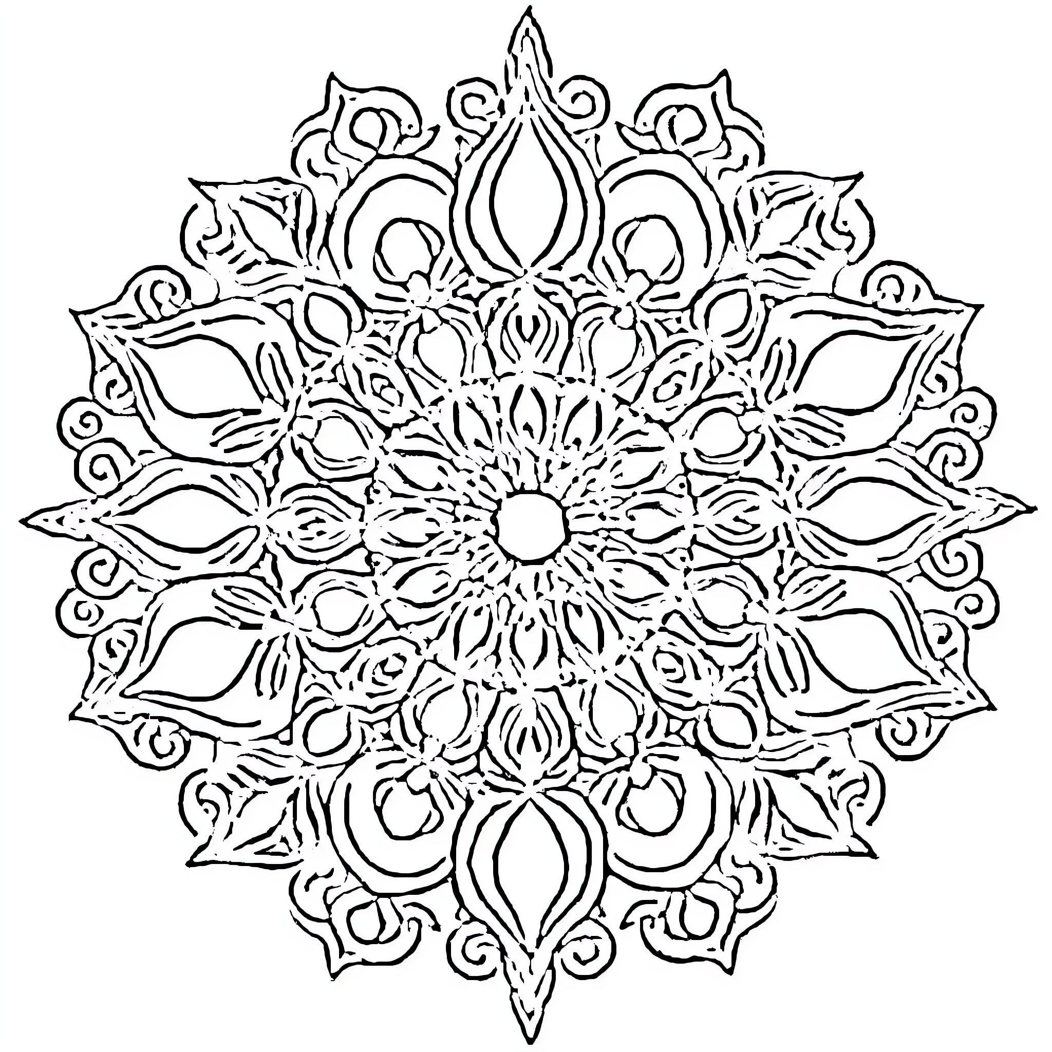 Water Mandala of elegant floral patterns Coloring Page (free black-and-white line drawing printable PDF for all, from beginners to advanced learners, including children, teens, adults, and seniors)