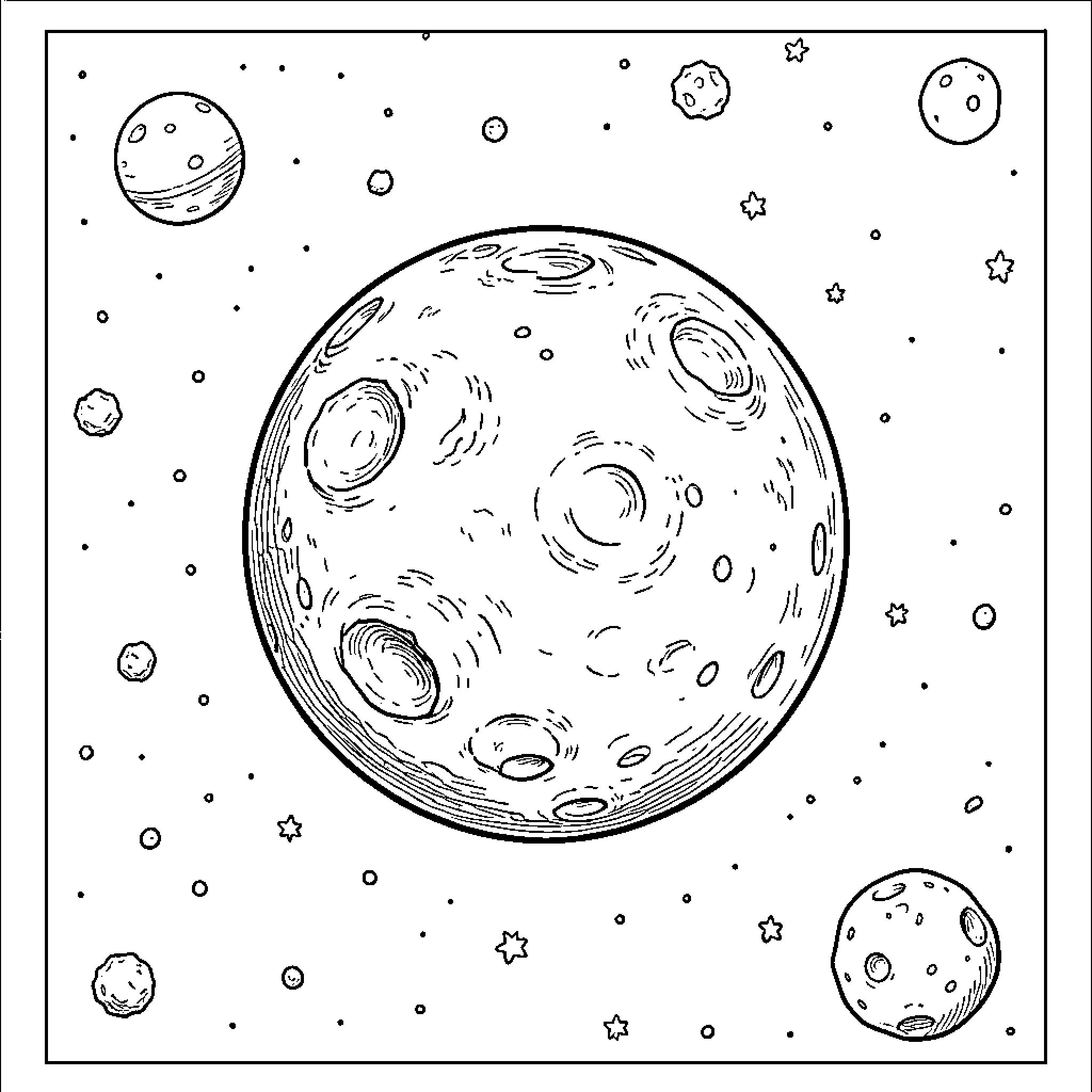 Pluto and the celestial bodies in space Coloring Page (free black-and-white line drawing printable PDF for all, from beginners to advanced learners, including children, teens, adults, and seniors)