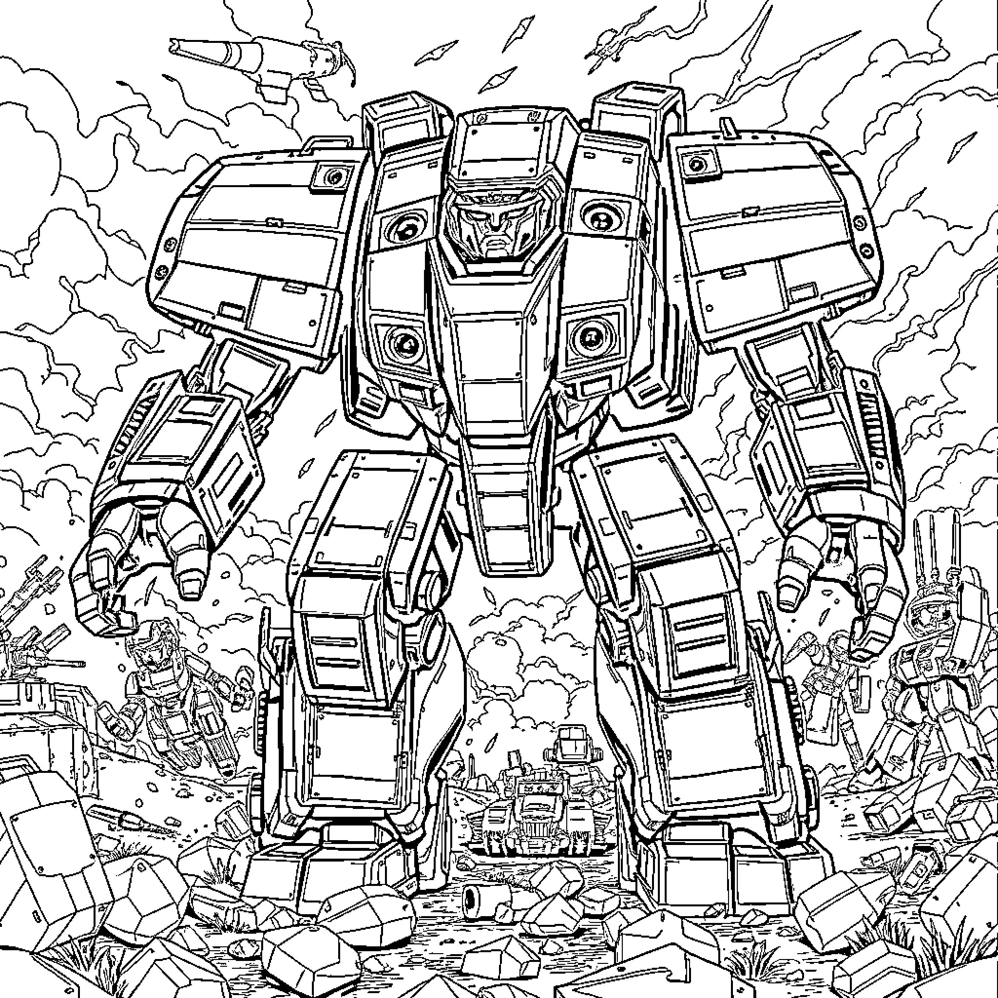 Ork mecha warrior battling in a war-torn city Coloring Page (free black-and-white line drawing printable PDF for all, from beginners to advanced learners, including children, teens, adults, and seniors)